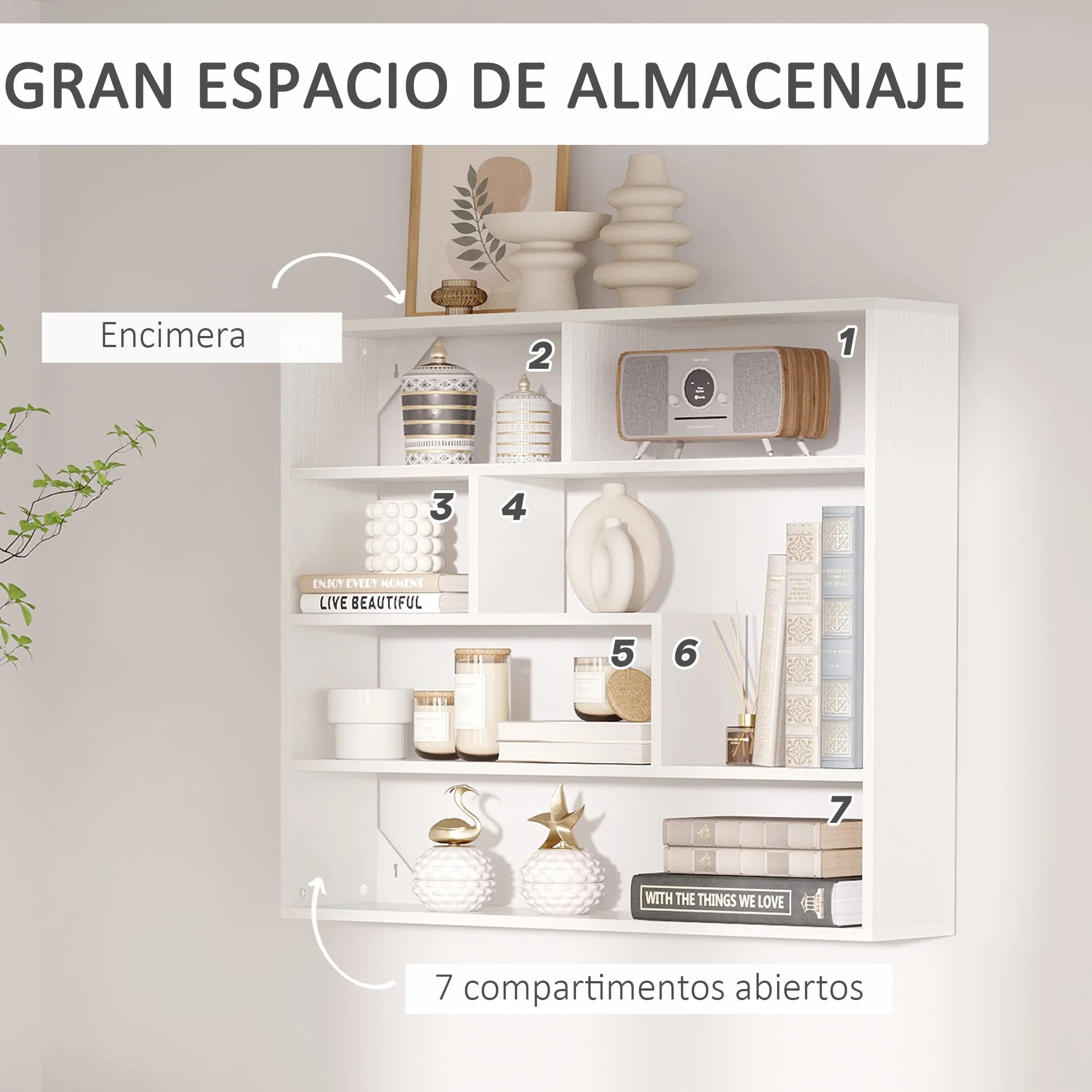 HOMCOM Estantería de Pared 4 Niveles Balda Flotante 94x19,5x80 cm Blanco | 7 Compartimientos Abiertos, para Salón Dormitorio Oficina, Estilo Moderno
