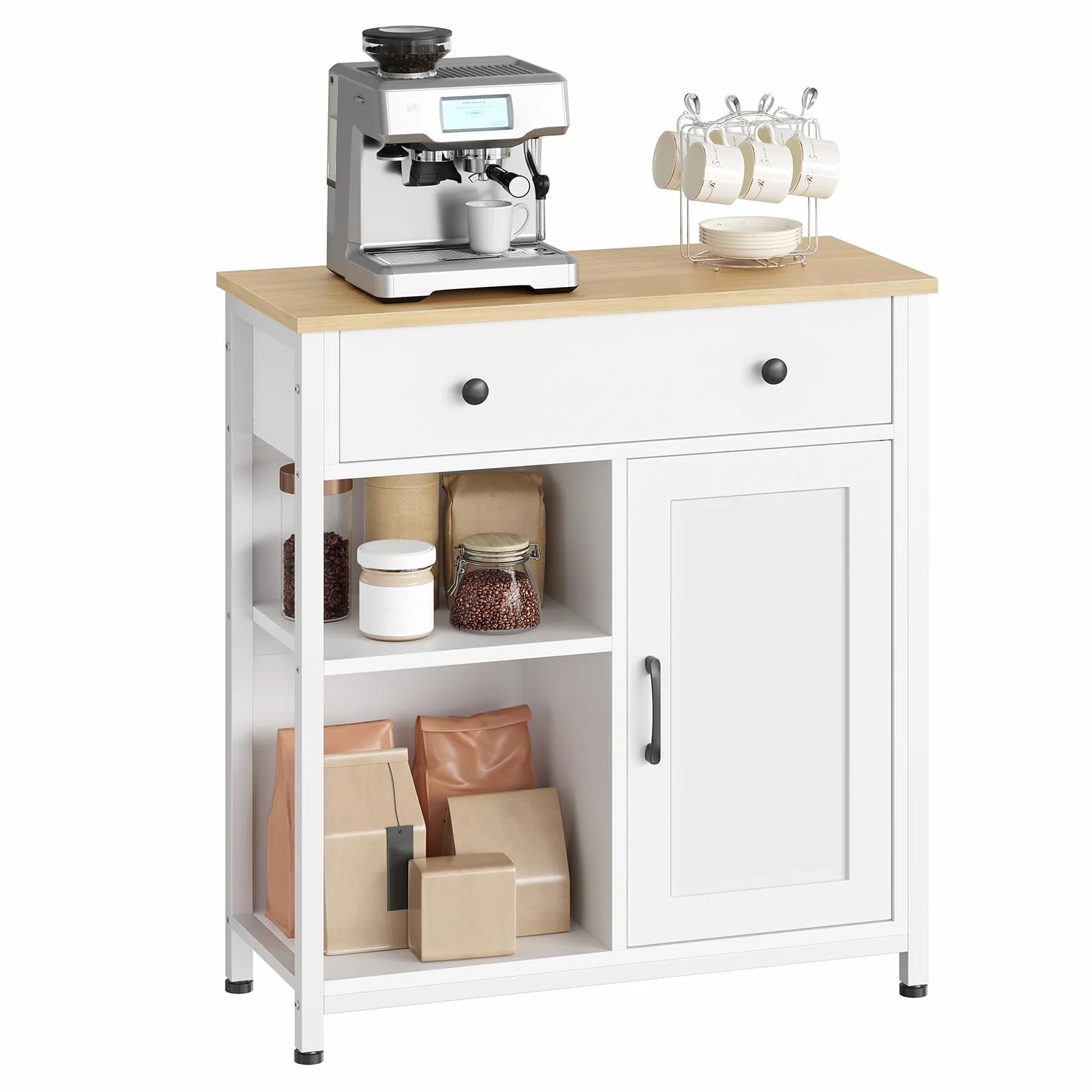HOOBRO Aparador con 1 Cajón y Estante Ajustable, Armario de Cocina, Mueble Auxiliar Buffet, Gabinete de Almacenamiento, Mesa de Café, para Cocina, Comedor, Sala de Estar, Blanco y Natural EWN70CB01