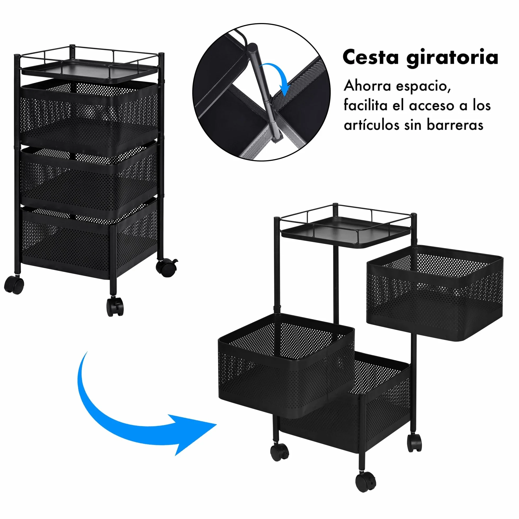 Carro auxiliar metálico con ruedas y cestas plegables estantería organizador de metal gran capacidad