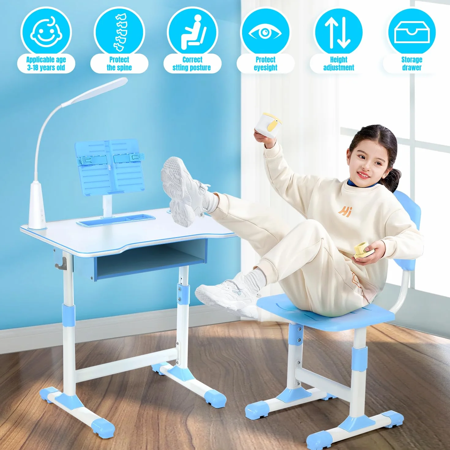 Mesa y Silla Infantil Regulables en Altura, Escritorio con Cajón, Lámpara LED, Silla Ergonómica, para Estudio desde 6 años