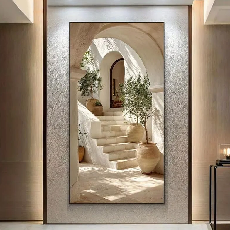 Lienzo con diseño de olivo mediterráneo de gran tamaño y escalones, moderno paisaje isleño en beige y blanco, póster artístico para pared para decoración del hogar 100x200cm/39x79in Sin marco