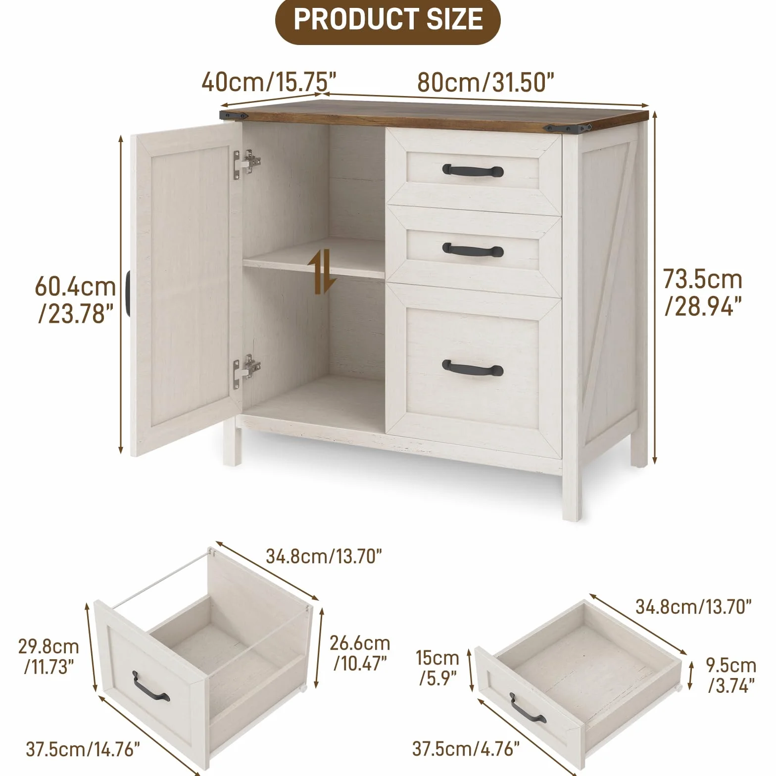 BonVache Archivador Lateral con 3 Cajones, Mueble de Almacenamiento para Oficina Estilo Campestre, Soporte para Impresora, Blanco Rústico para Carpetas Colgantes A4/Letter, 80 cm