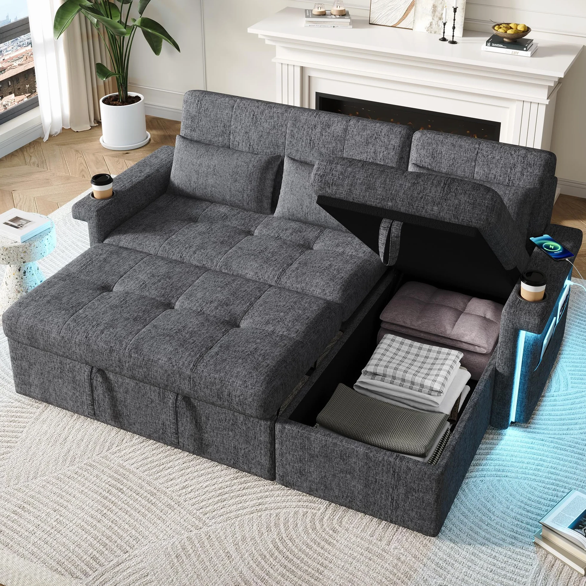 Bladez Sofá esquinero en forma de L con función de dormir, sofá cama con LED y conexiones USB, respaldo ajustable, soporte para bebidas, sofá esquinero de 3 plazas con espacio de almacenamiento