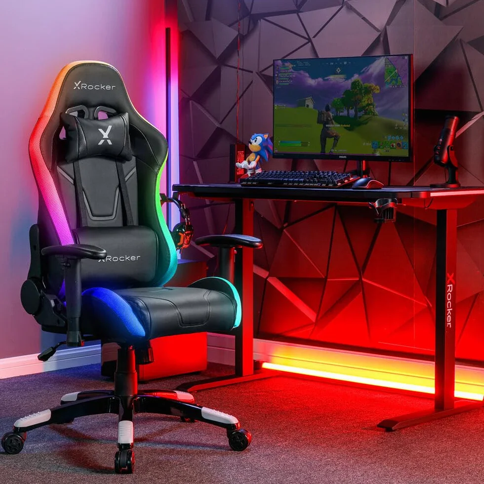 X-Rocker Agility RGB - Silla de computadora de carreras con luces para niños y jóvenes, silla de oficina giratoria ergonómica con respaldo alto, reposacabezas y cojín de apoyo lumbar, altura ajustable