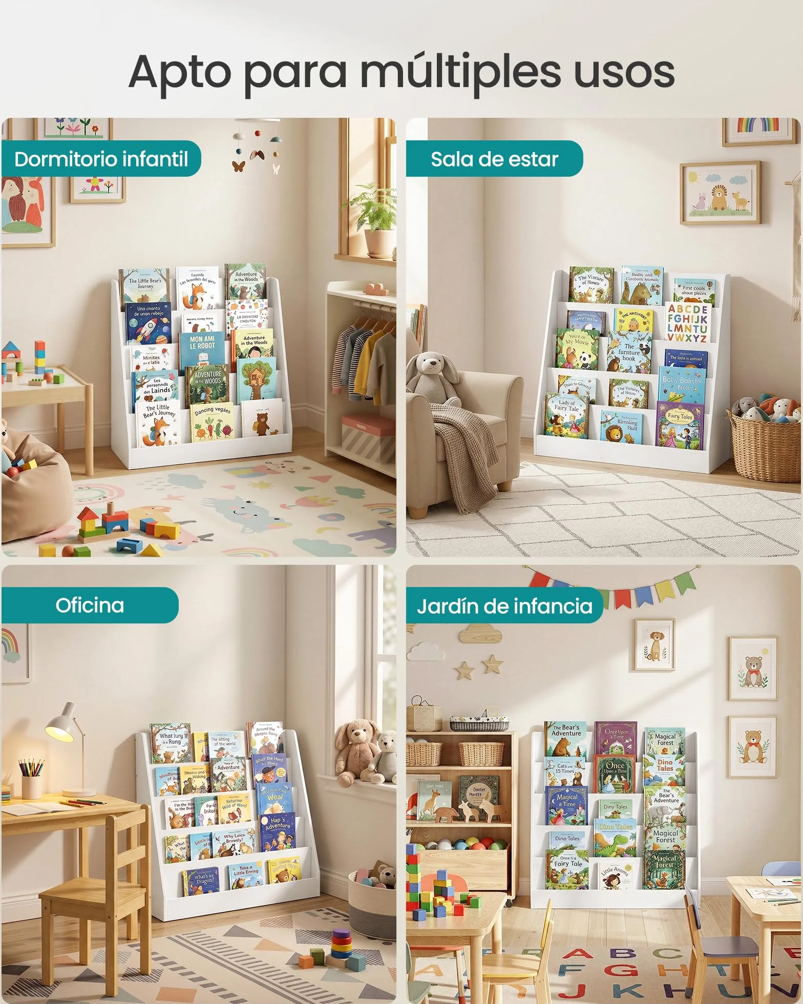 SONGMICS Estantería Infantil Montessori 5 Niveles, Soporte para Libros Ilustrados, 30x80x80 cm, Blanco Nube