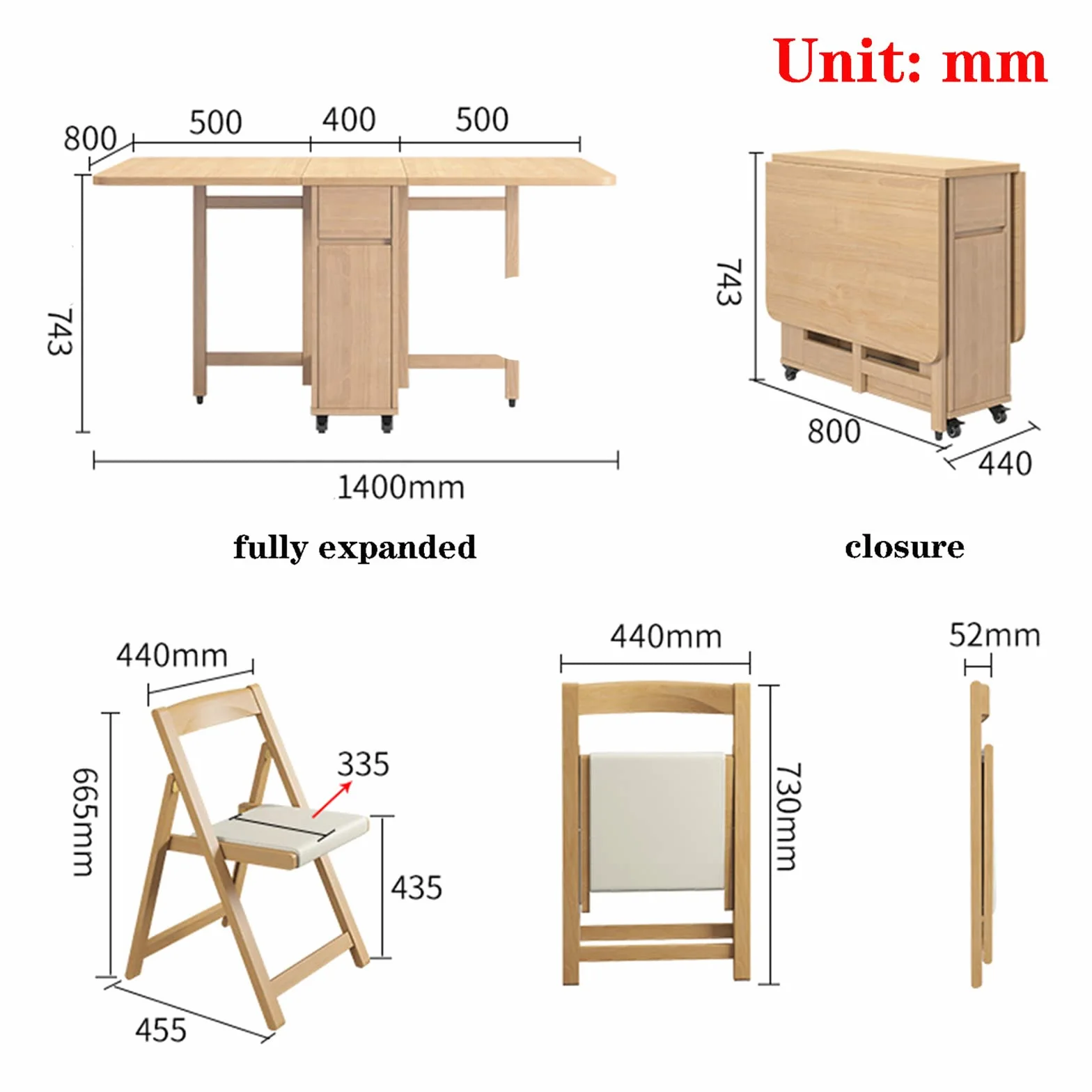 Juego De Mesa De Comedor Plegable, Mesa De Comedor Extensible De Madera con 4 Sillas, Mesa De Hoja Abatible para Cocina Comedor Sala De Estar Restaurante-1.4m