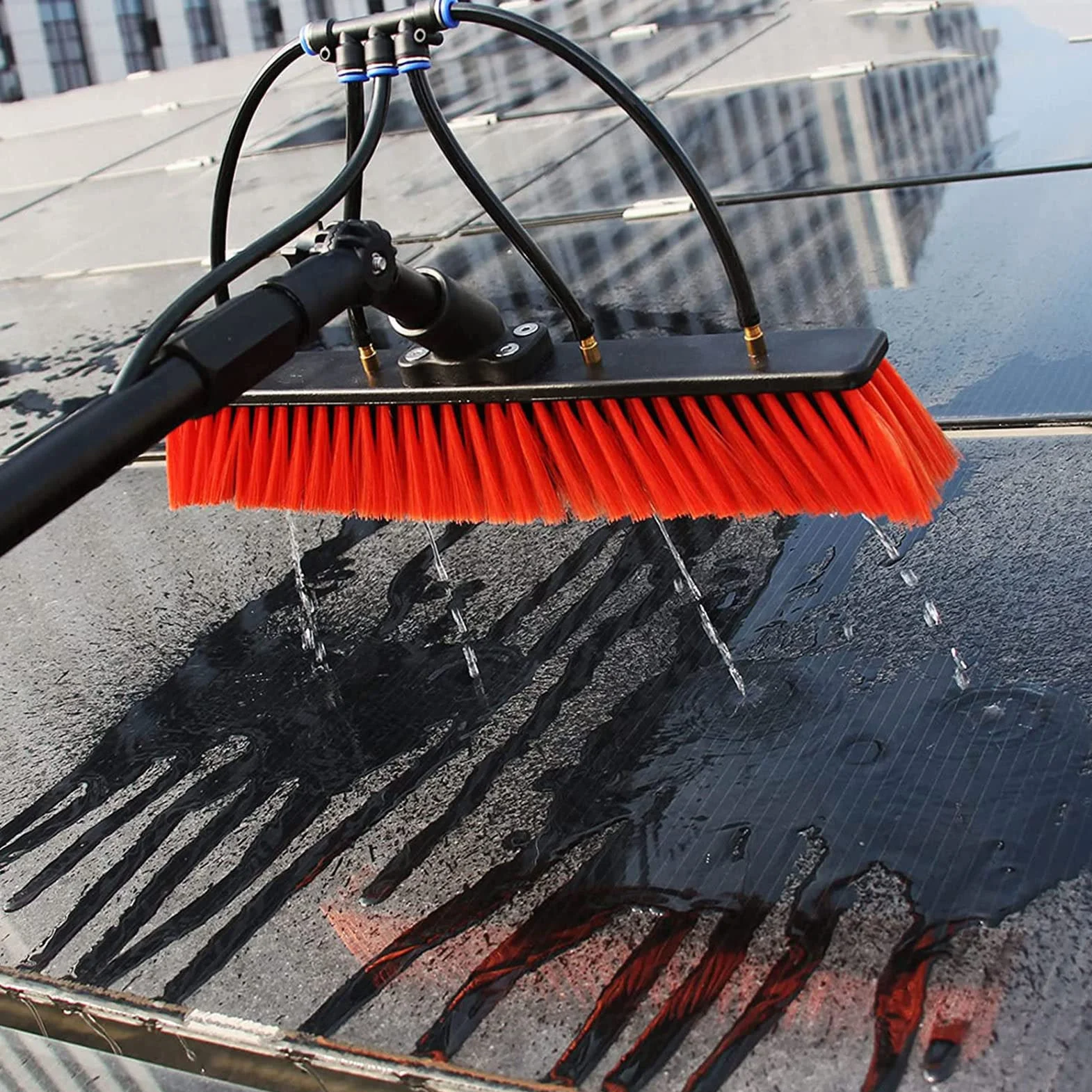 Kit de pértiga telescópica con Suministro de Agua. Cepillo Ajustable para Limpiar Ventanas, Ideal para Paneles solares, Cristales y Uso en Exteriores. Alcance sin Esfuerzo para un Brillo imp