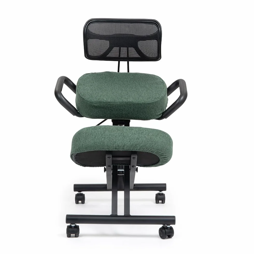 Suguri Silla ergonomica rodillas para oficina el hogar y la hecho de cuero ecológico. Kneeling chair para el dolor de espalda, active posture. Cubiertas intercambiables incluidas. Verde botella