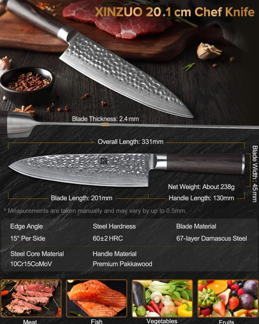 XINZUO Cuchillo de Cocinero 20.1cm de Acero Damasco, Cuchillo Chef Profesional Cuchillos de Cocina Cuchillo para la Carne con Ergonómicamente Mango de Madera de Pakka- He Serie
