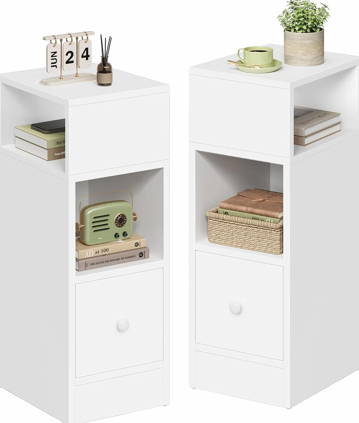 EUGAD Mesitas de Noche Pack 2 Estrechas Blancas con 2 Compartimentos y 1 Cajón, 25x30x66 cm, Mesillas Auxiliares para Dormitorio Pequeño y Salón Espacios Reducidos, Moderno Madera, 0179ZZ-2