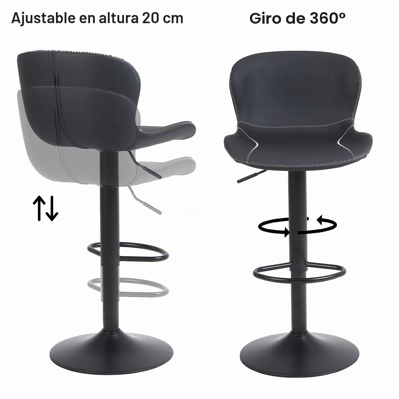 Youhauchair Taburetes Altos de Cocina Juego de 2, Taburete de Bar Regulable en Altura en Cuero PU, Taburete Alto con Respaldo y Reposapiés, Taburete Cocina Giratorio, Moderno, Negro