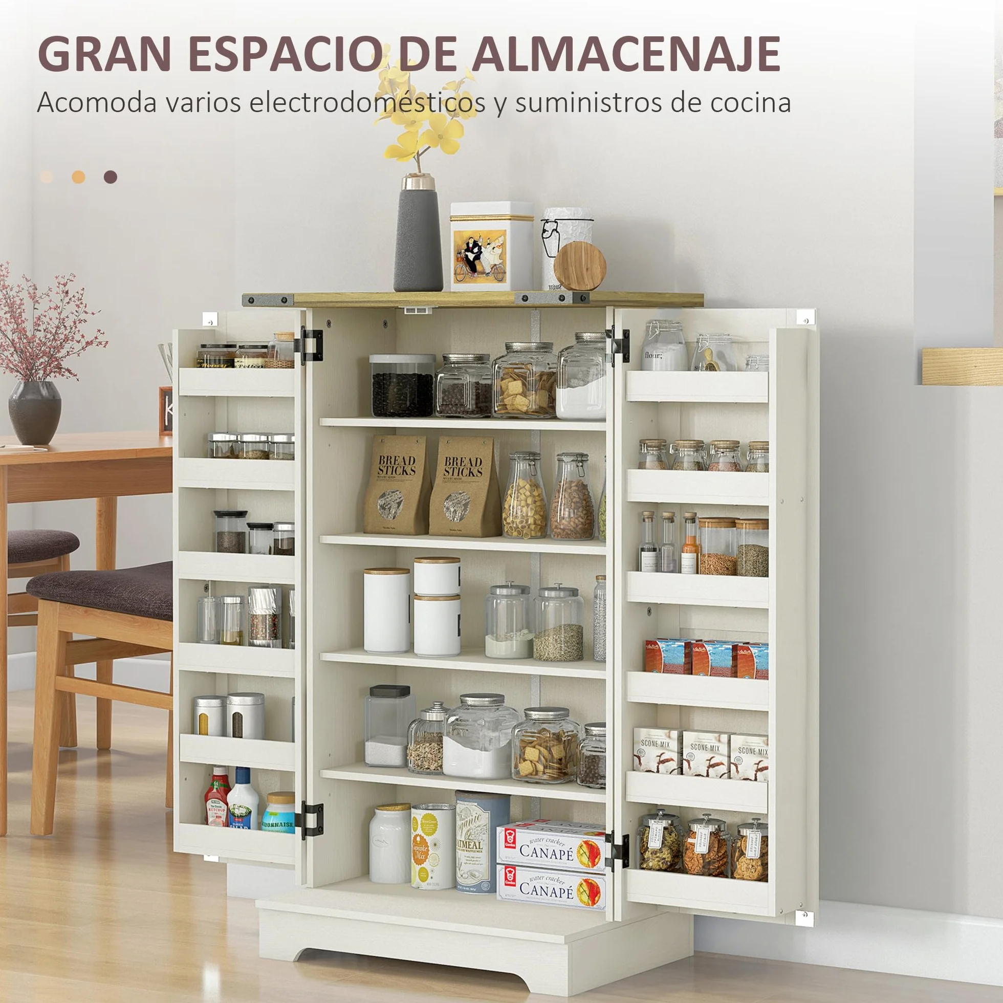 HOMCOM Armario Despensa Cocina Armario de Cocina con 2 Puertas y 16 Estantes Alacena Rústica con Estante Ajustable para Comedor Salón 60x40x104 cm Crema