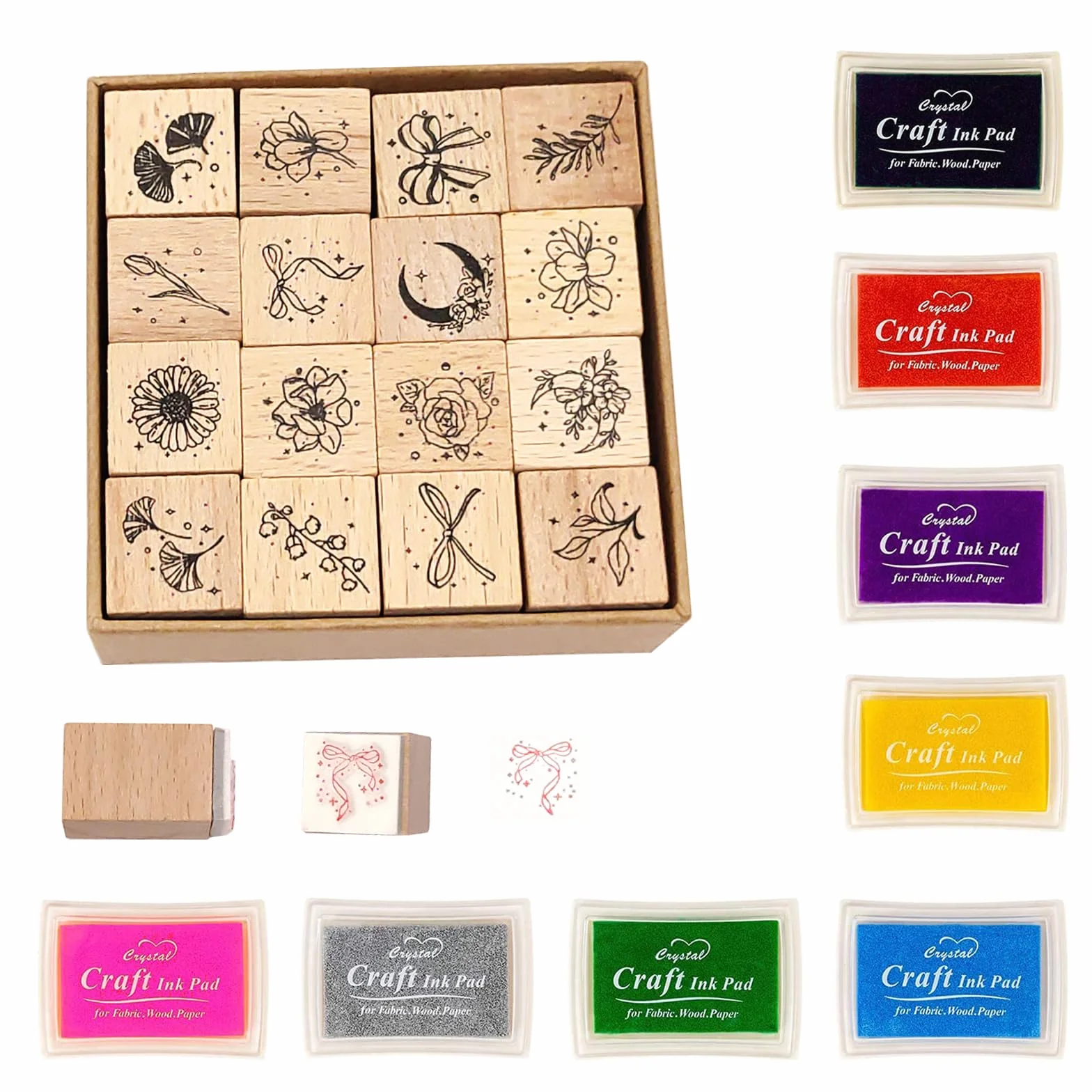 Juego de 24 sellos de goma y almohadillas de tinta para manualidades, 16 sellos de goma de madera, 8 almohadillas de tinta para manualidades, tarjetas de bricolaje y álbumes de recortes
