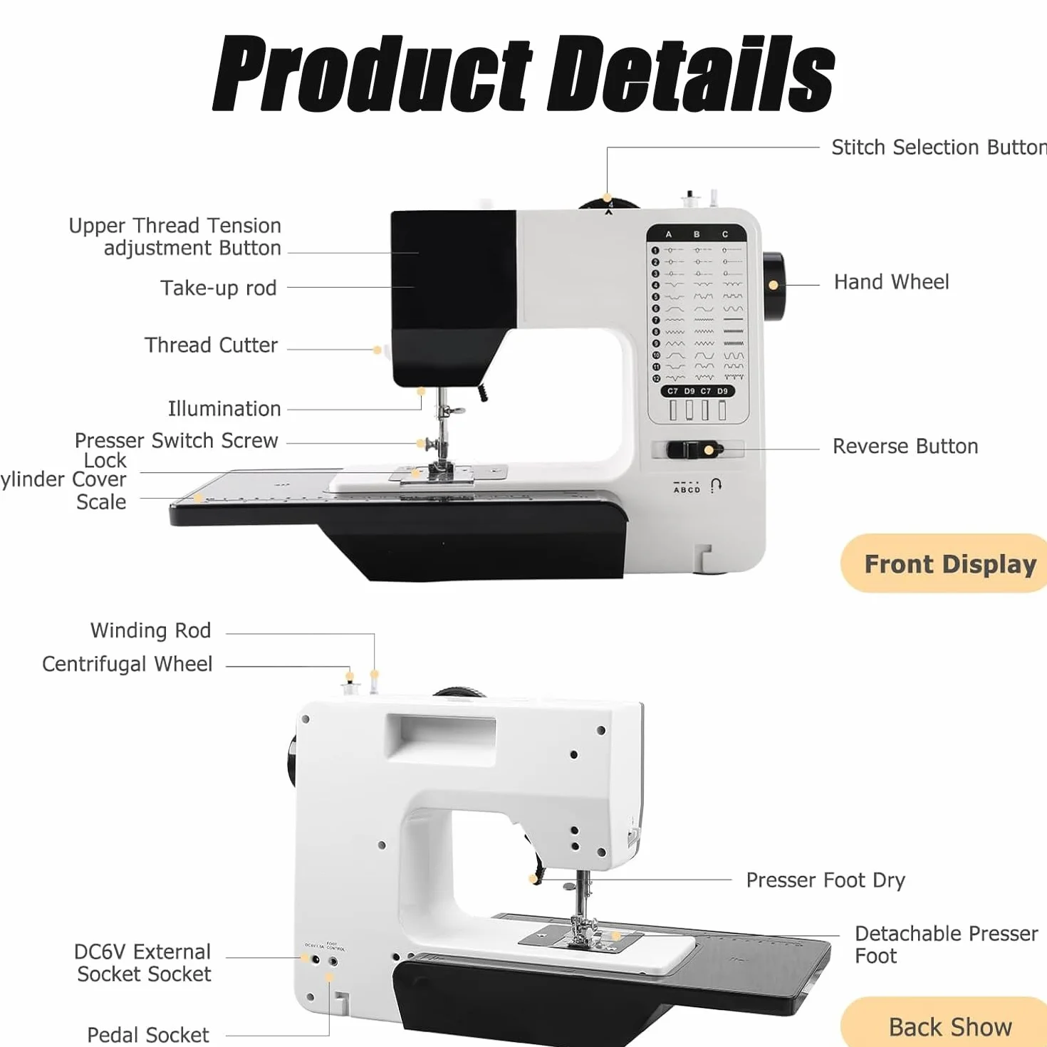 Máquina de coser industrial resistente, diseño portátil con 38 puntadas integradas y luz nocturna, ideal para proyectos de reparación y costura, incluye mesa de extensión para todos los usuarios