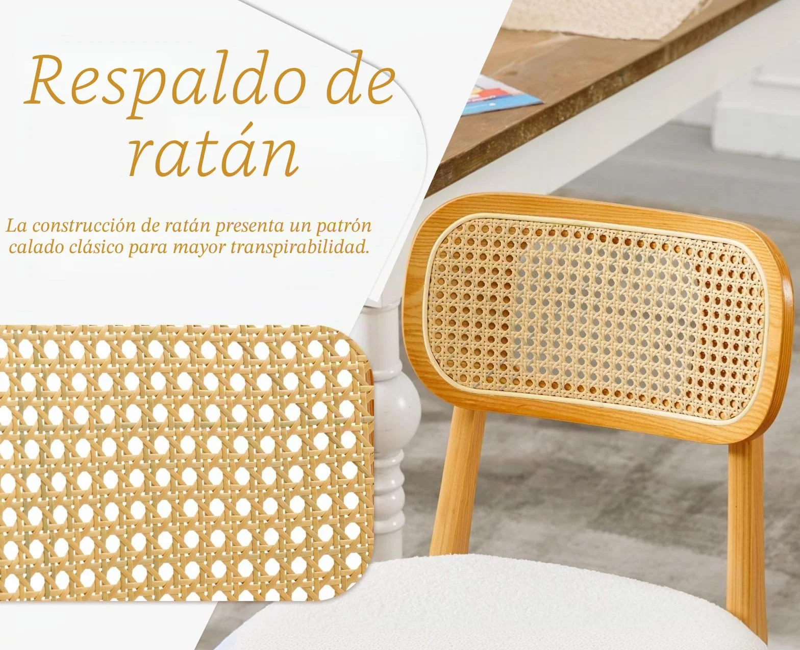 chairus Juego 2 de Sillas de Comedor Madera Maciza Sillas de Cocina con Respaldo Ratán, Sillas Rústica Tapizado en Lana Sintética para Restaurante/Cafetería, Beige