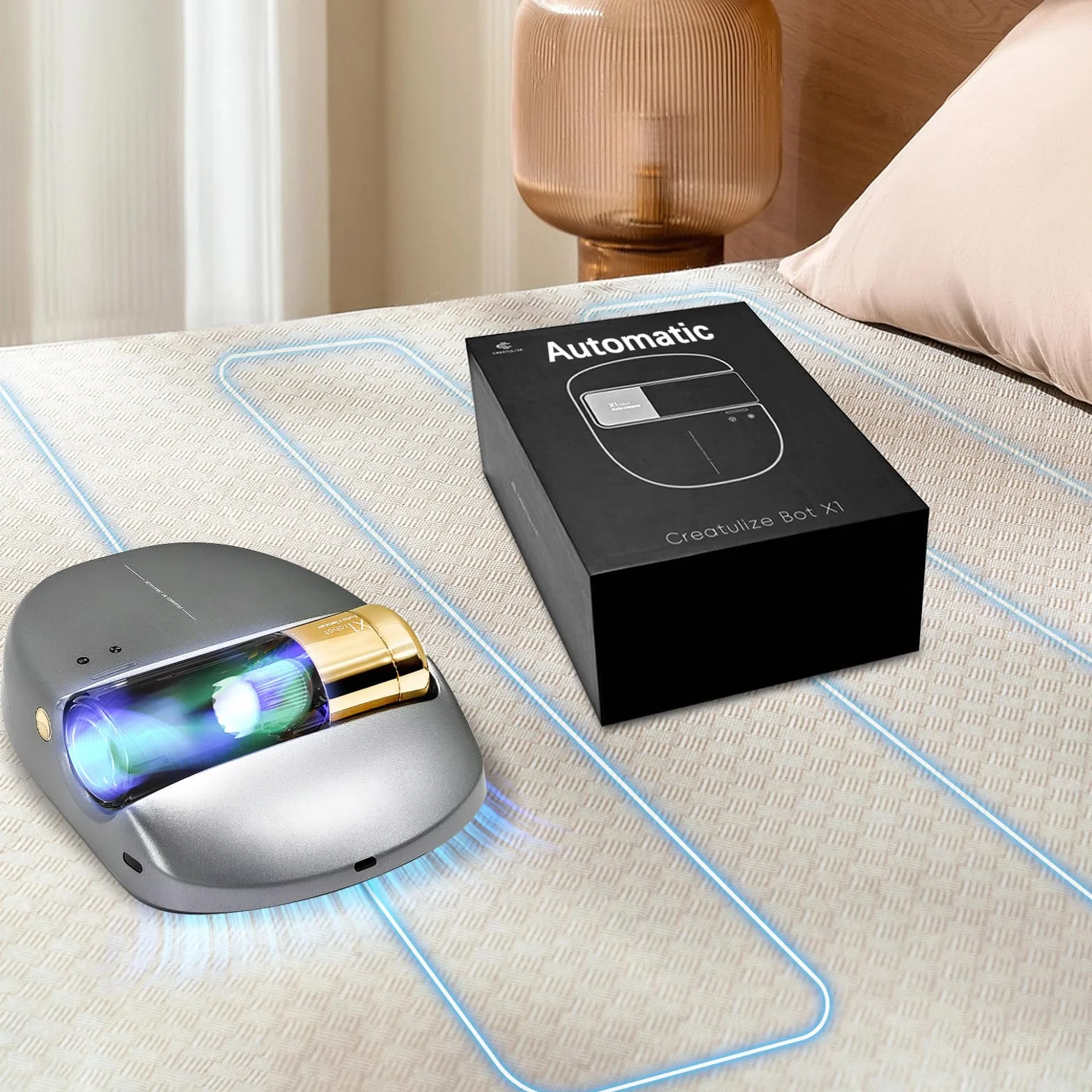 CREATULIZE Robot X1, Aspirador de Acaros, Navegación Inteligente, Limpieza Automática de Cama, Manos Libres, Detección de Bordes, Cuatro Modos de Limpieza, 55dB Silencioso, Succión de 14AW