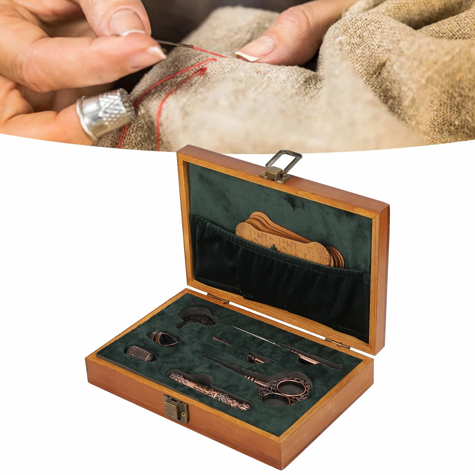Juego de tijeras de bordado vintage, kit de tijeras de costura de acero inoxidable, caja de costura retro de madera con herramientas de bordado multifuncionales para coser, tejer y (Bronce)