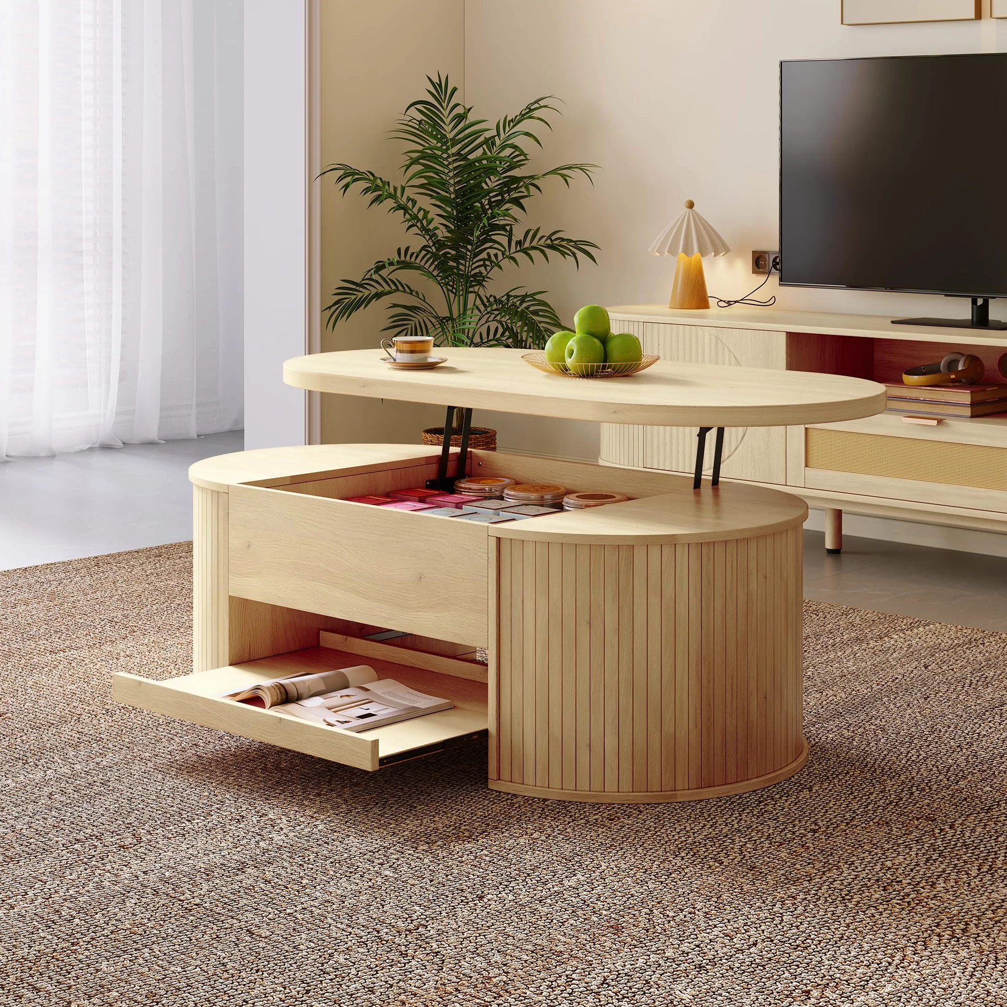 Soweiz Mesa de centro elevable, mesa de centro con lados curvos de madera, estante extensible, mesa elevable, mueble de salón multifuncional, 110 x 55,5 x 40 cm (color madera)