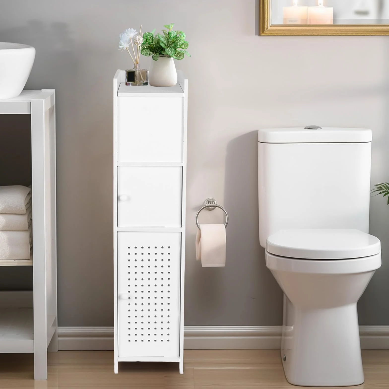 powerking Soporte para papel higiénico, pequeño armario de almacenamiento de baño blanco con puertas, armario de almacenamiento de baño delgado para espacios pequeños de esquina en el suelo