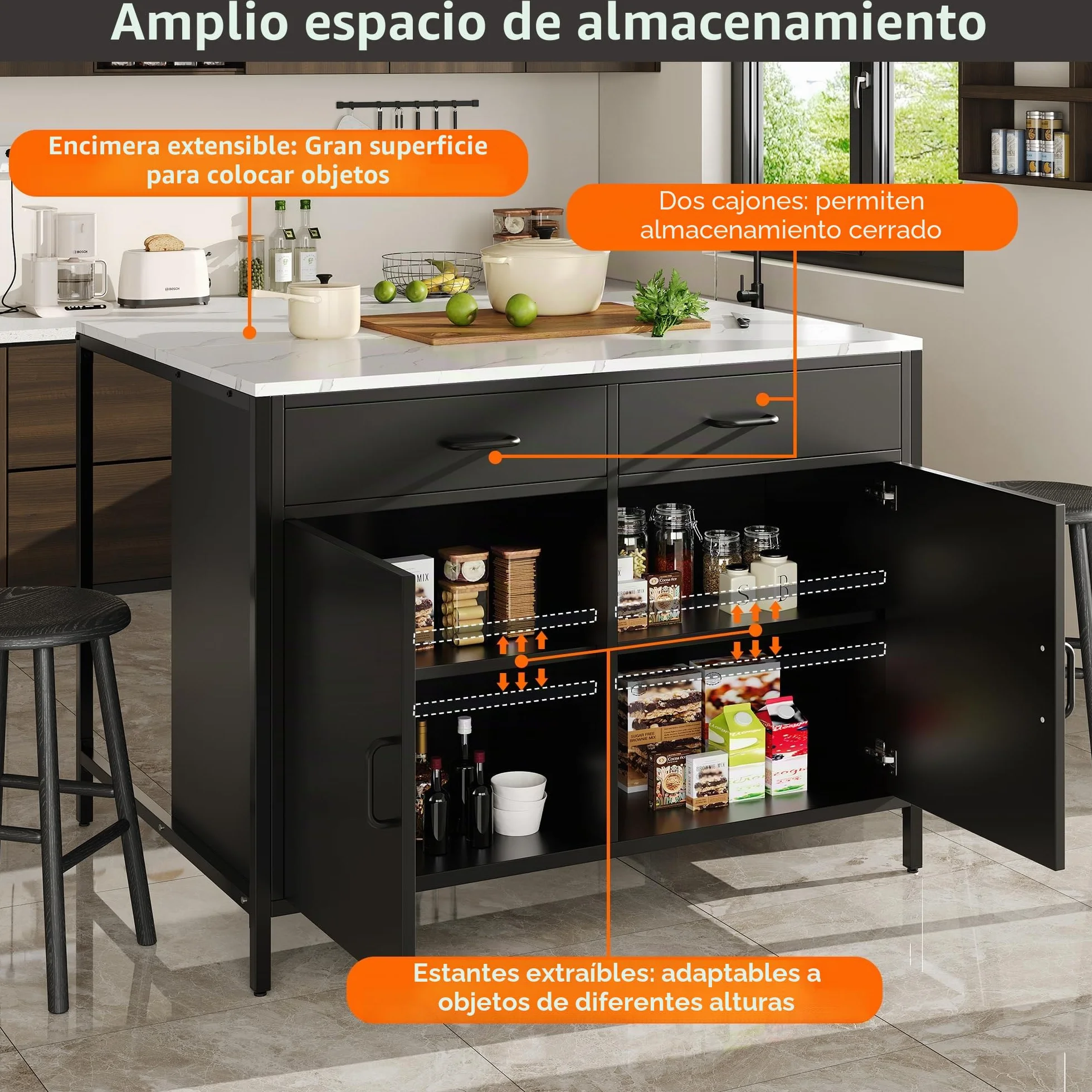 Isla de cocina, armario de cocina con 2 cajones, mesa de desayuno, bar, isla de cocina con estantes, isla de cocina, isla de cocina con encimeras de mármol, 100 x 90 x 90 cm, patas ajustables
