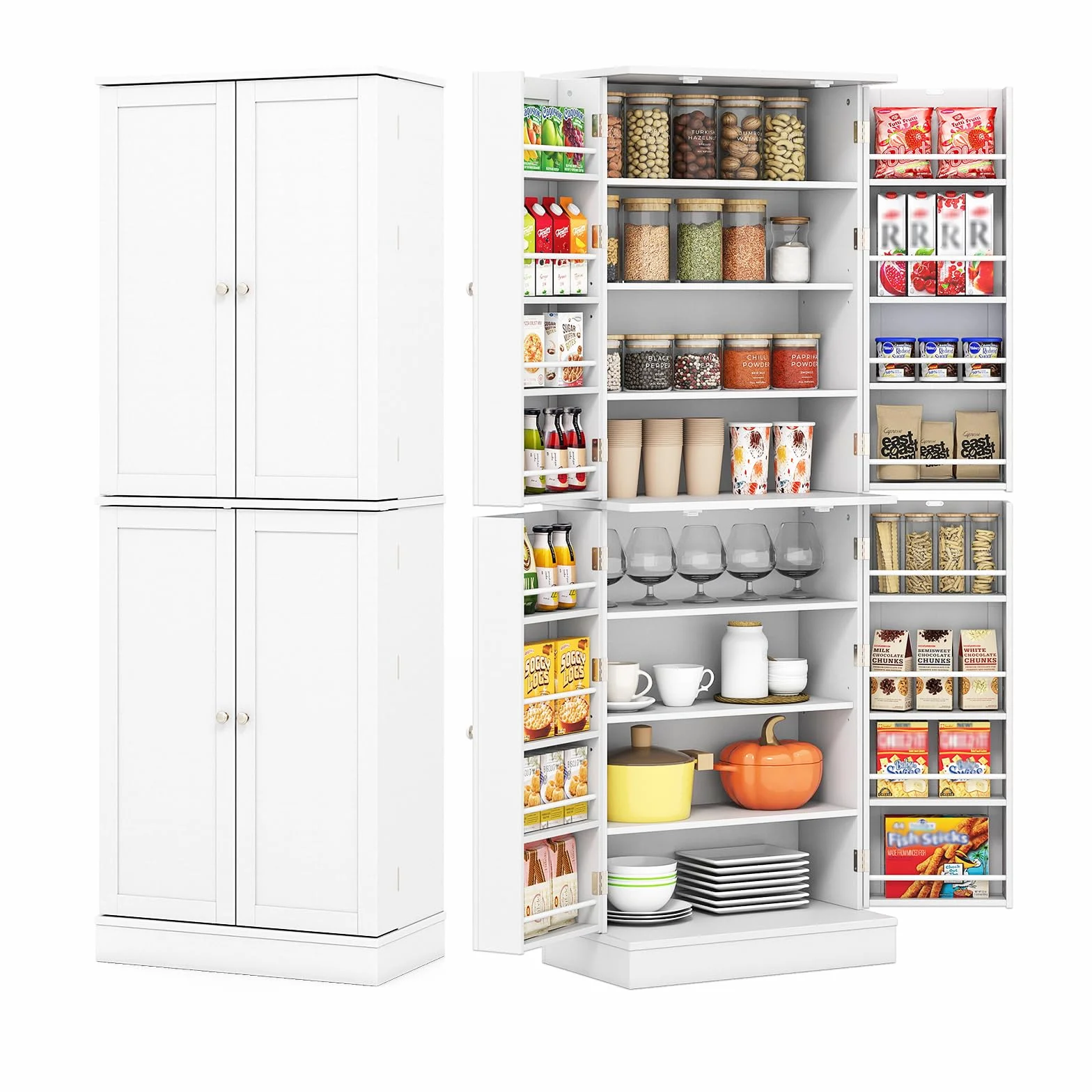 KOMFOTTEU Aparador de Cocina con 4 Puertas, Armario Despensa de 8 Niveles con Estantes Ajustables, Mueble de Almacenamiento con Kit Antivuelco para Sala de Estar, Comedor, 60 x 35 x 166,5 cm