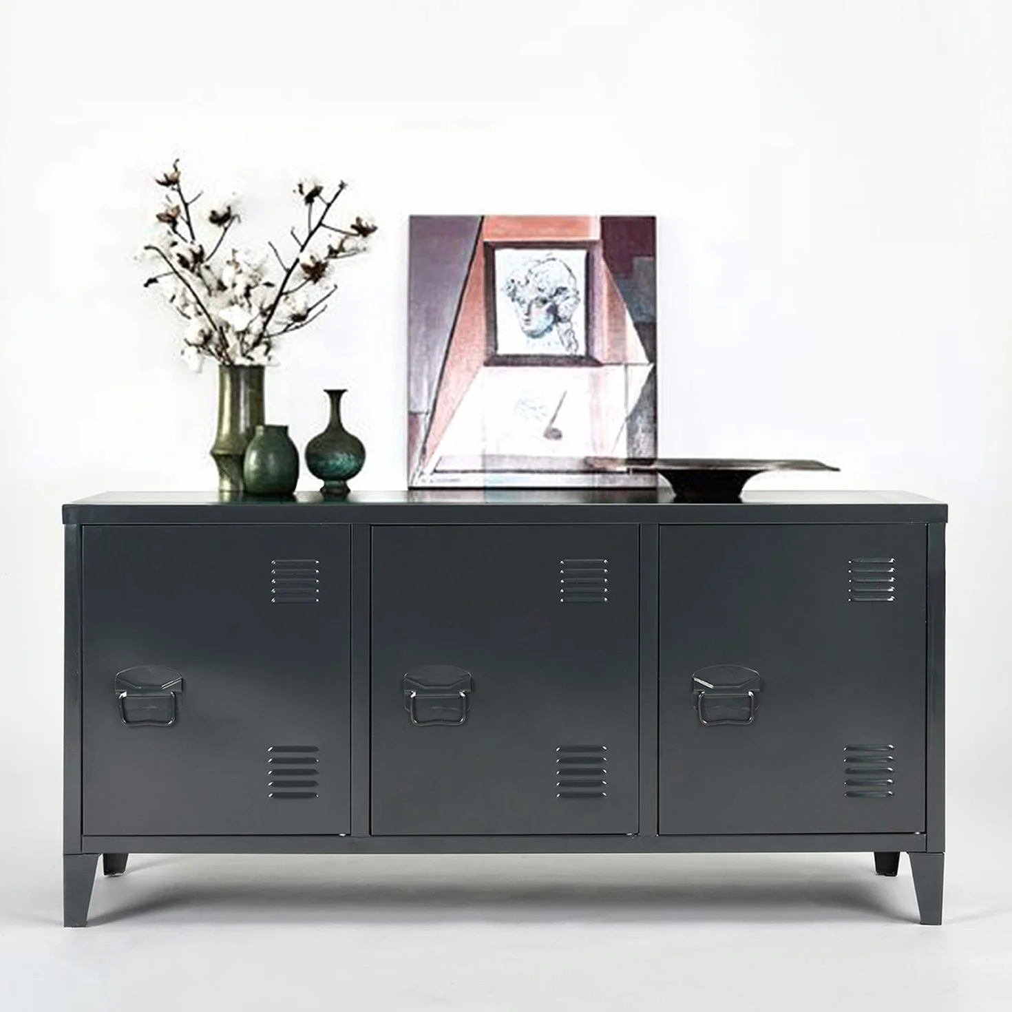Armario metálico armario de almacenamiento de metal de 2 capas 3 puertas de metal mueble de escritorio armario armario de oficina armario de almacenamiento armario con estante 120 × 40 × 58 cm, Negro