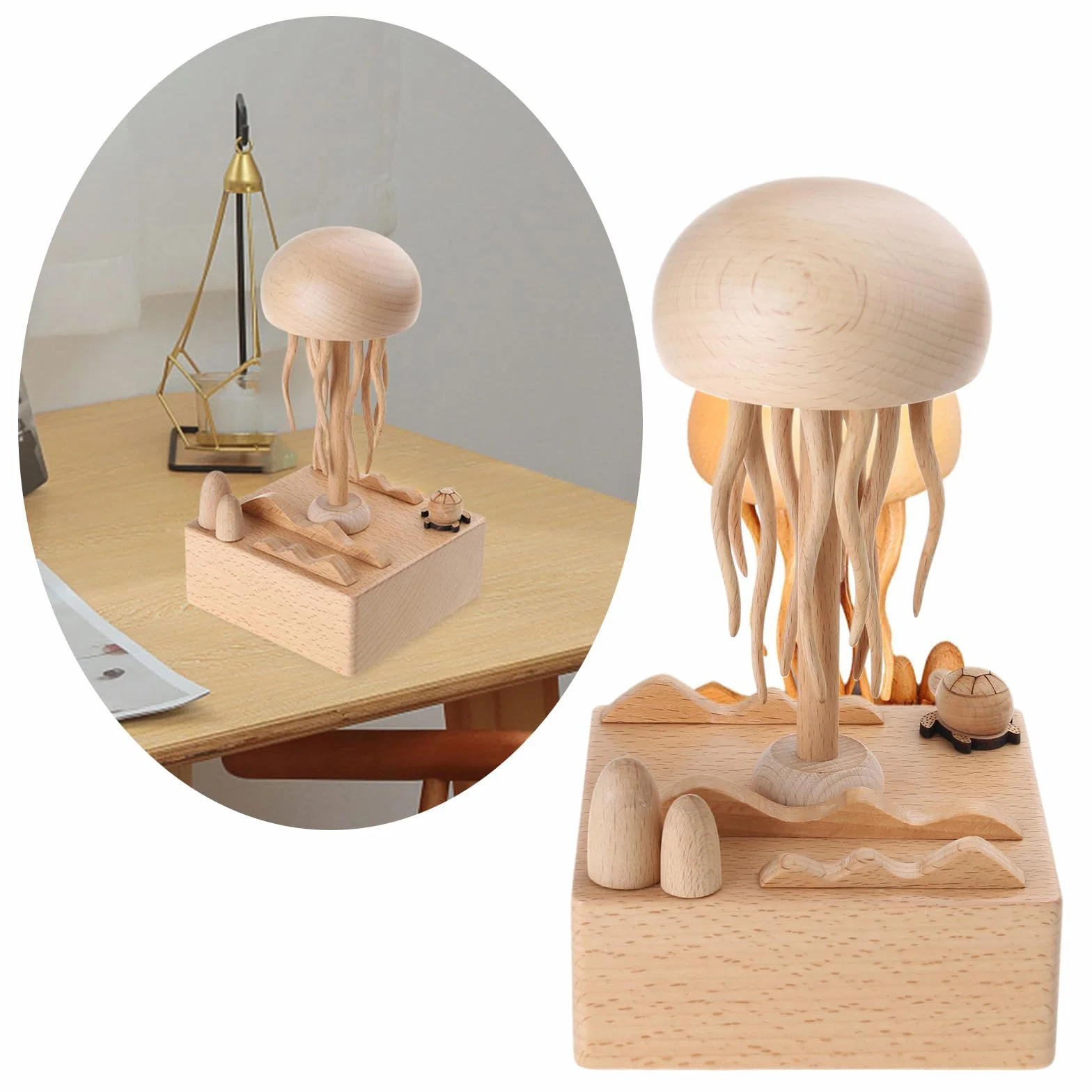 Caja de música eléctrica subacuática, artesanía intrincada y melodías pacíficas, escultura de madera, hermosos diseños subacuáticos, realzador relajante
