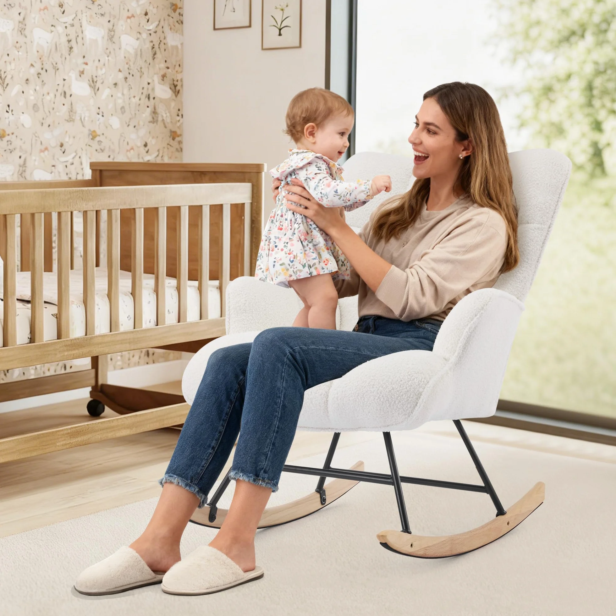 Silla Mecedora para Lactancia, Sillón Balancín Teddy Tapizado en Peluche Suave con Base de Madera Silla de Relax Cómoda con Brazos para Sala, Dormitorio y Habitación Infantil Blanca