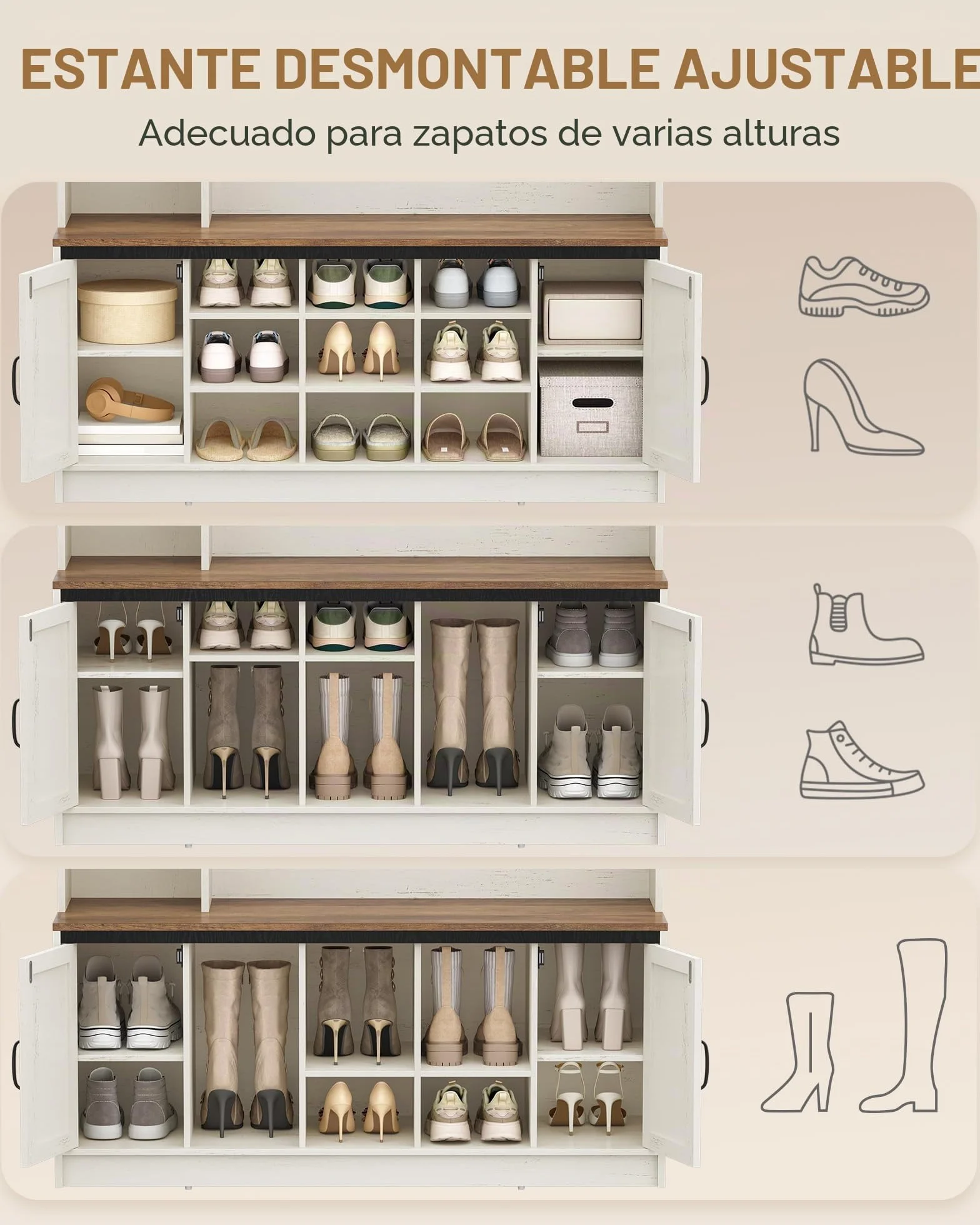 Hzuaneri Perchero LED con Banco de Zapatos, Mueble de Entrada, Estantes Ajustables, 15 Compartimentos Abiertos, 7 Ganchos, para Entrada, Pasillo, Blanco y Marrón HT24614XEU