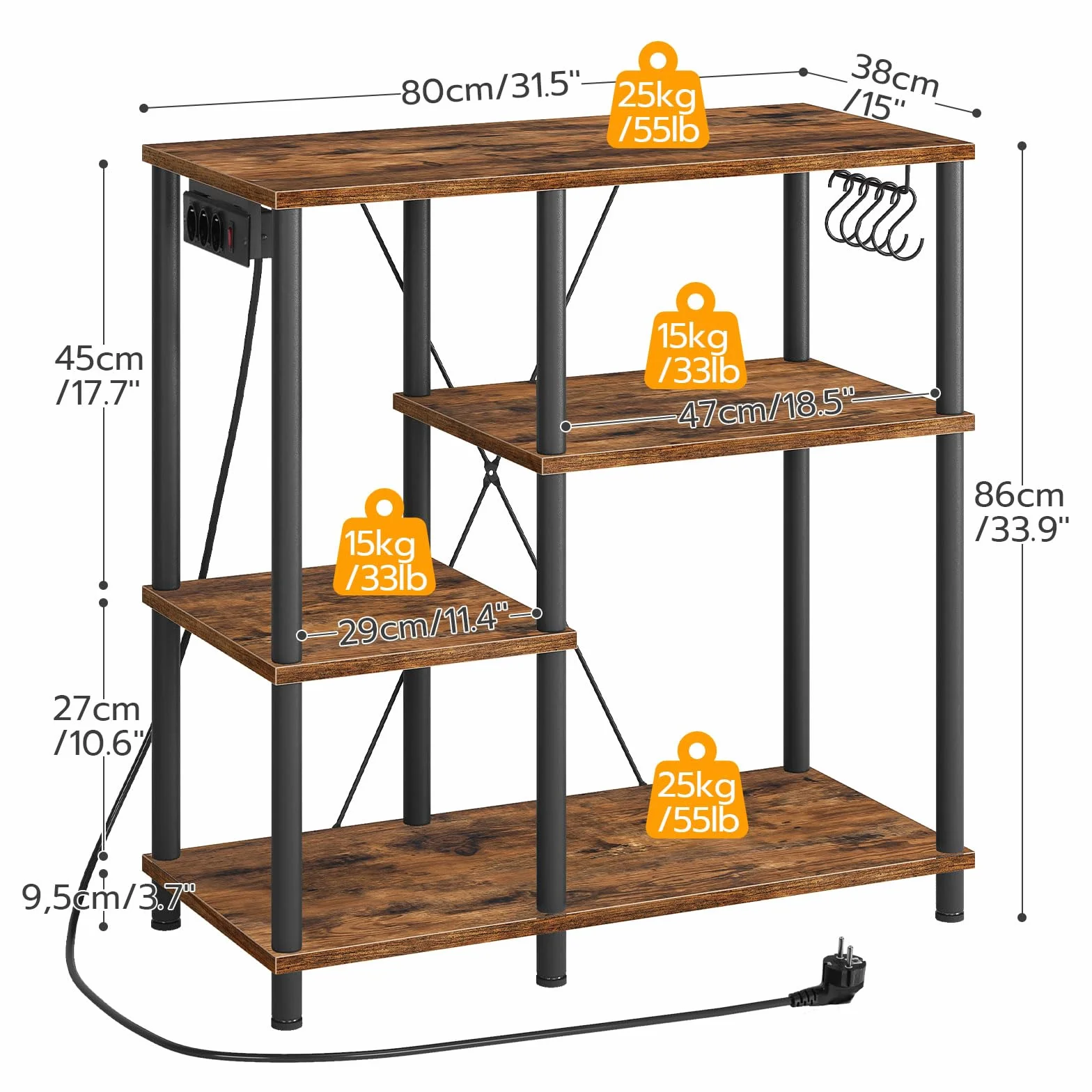 HOOBRO Estantería de Cocina con Toma de Corriente, Estantería para Microondas, Estantería de Panadería con 5 Ganchos, Multi-función Utensilios de Cocina Estantes de Almacenamiento, Marrón EBF07CHB01