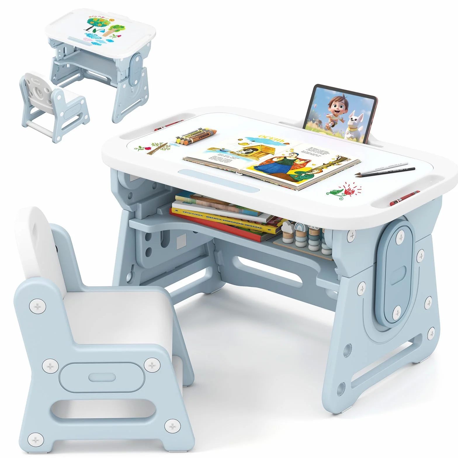 RELAX4LIFE 4 en 1 Mesa y Silla Infantil, Pupitre Infantil con Altura Ajustable, Pizarra Magnética Inclinable, Estante, Borrador y Marcadores, Juego de Escritorio y Silla para Niños de 3+ Años (Azul)