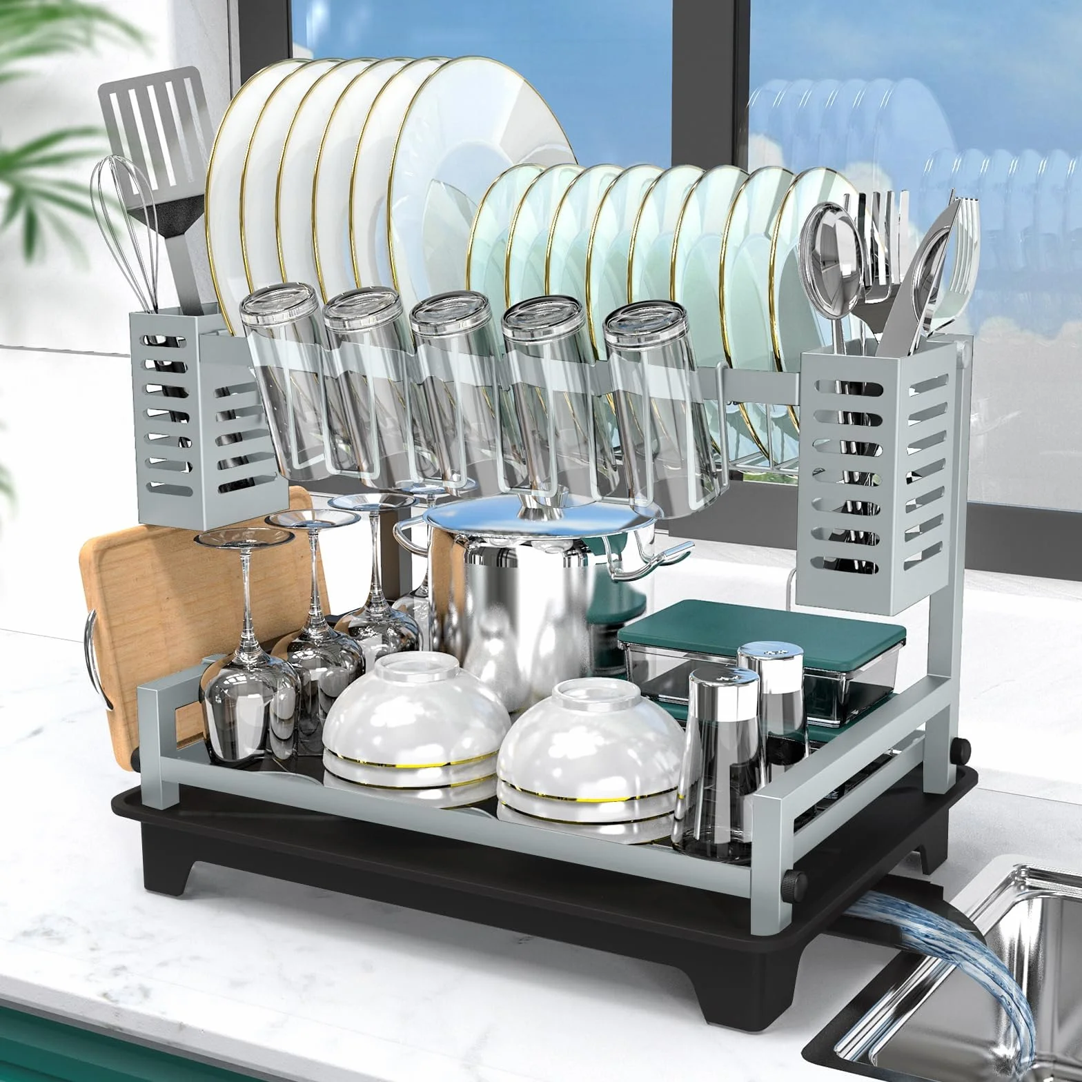 Escurridor de platos de 2 niveles con escurridor y soportes para fregadero, escurridor de platos grande de acero inoxidable para encimera de cocina, ahorro de espacio y resistente a la corrosión