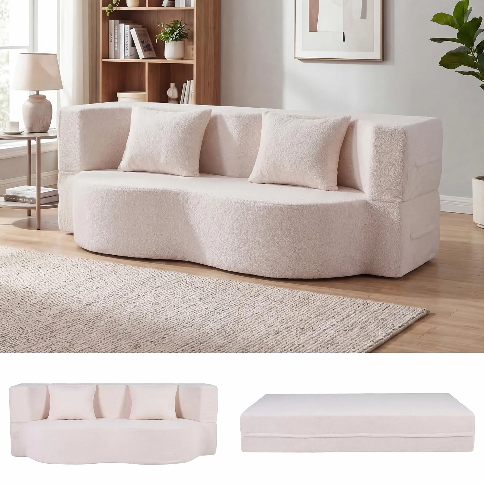 COSTWAY Sofá Cama de 2 Plazas, 192,5 cm, Sofá Convertible en Cama 2 en 1 de Tela de Polar Teddy con 2 Almohadas, sin Montaje, Sofa Comprimido de 2 Plazas sin Marco para Salón Cuarto Invitados (Blanco)