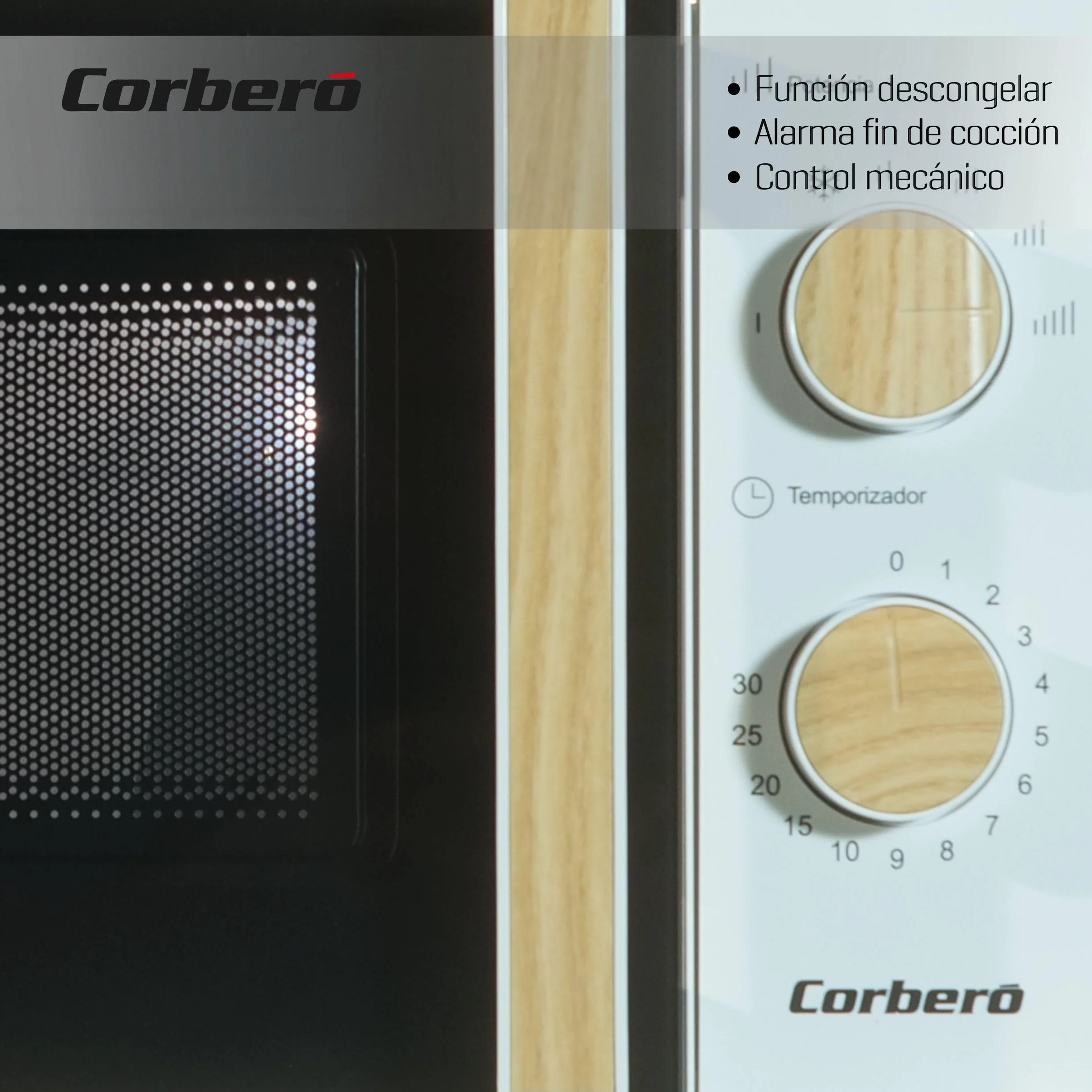 Corberó Microondas 20L 700W Control Mecánico 5 Niveles Temporizador 30 Min Plato Giratorio 245mm Blanco