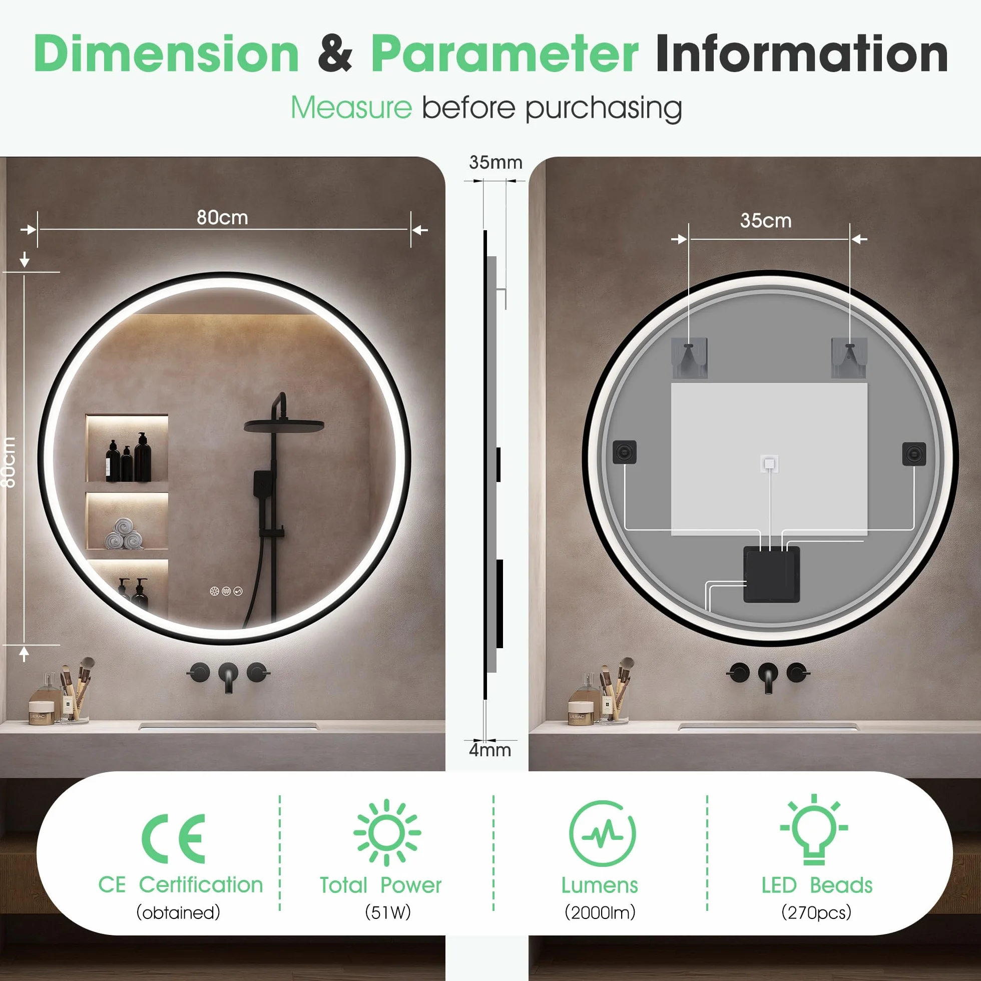 S'bagno Redondo-Espejo-Baño-con-Luz 80CM, Espejo-Baño-LED-con-Bluetooth, Antivaho, 3 Colores de Luces, Regulable, Memoria Luz, IP44, Vidrio Templado, Marco Hierro Negro