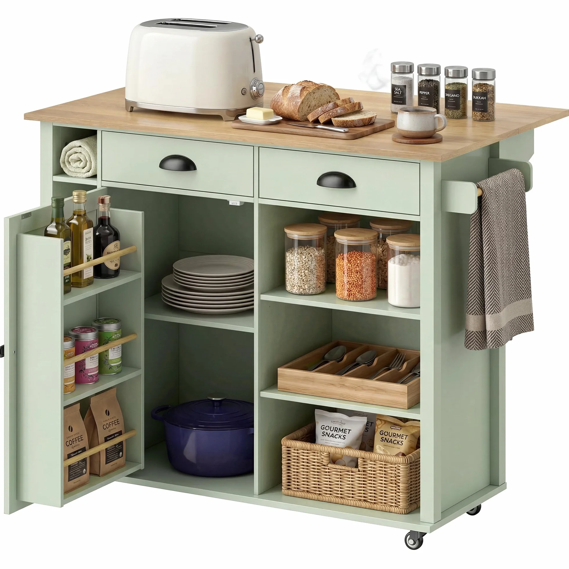 HOMCOM Isla de Cocina con Tablero Plegable y Ruedas, Carrito de Cocina con Estantes en la Puerta, Toallero, Armario, 2 Cajones, Estantes Abiertos, 117,5x70x91 cm, Verde Claro