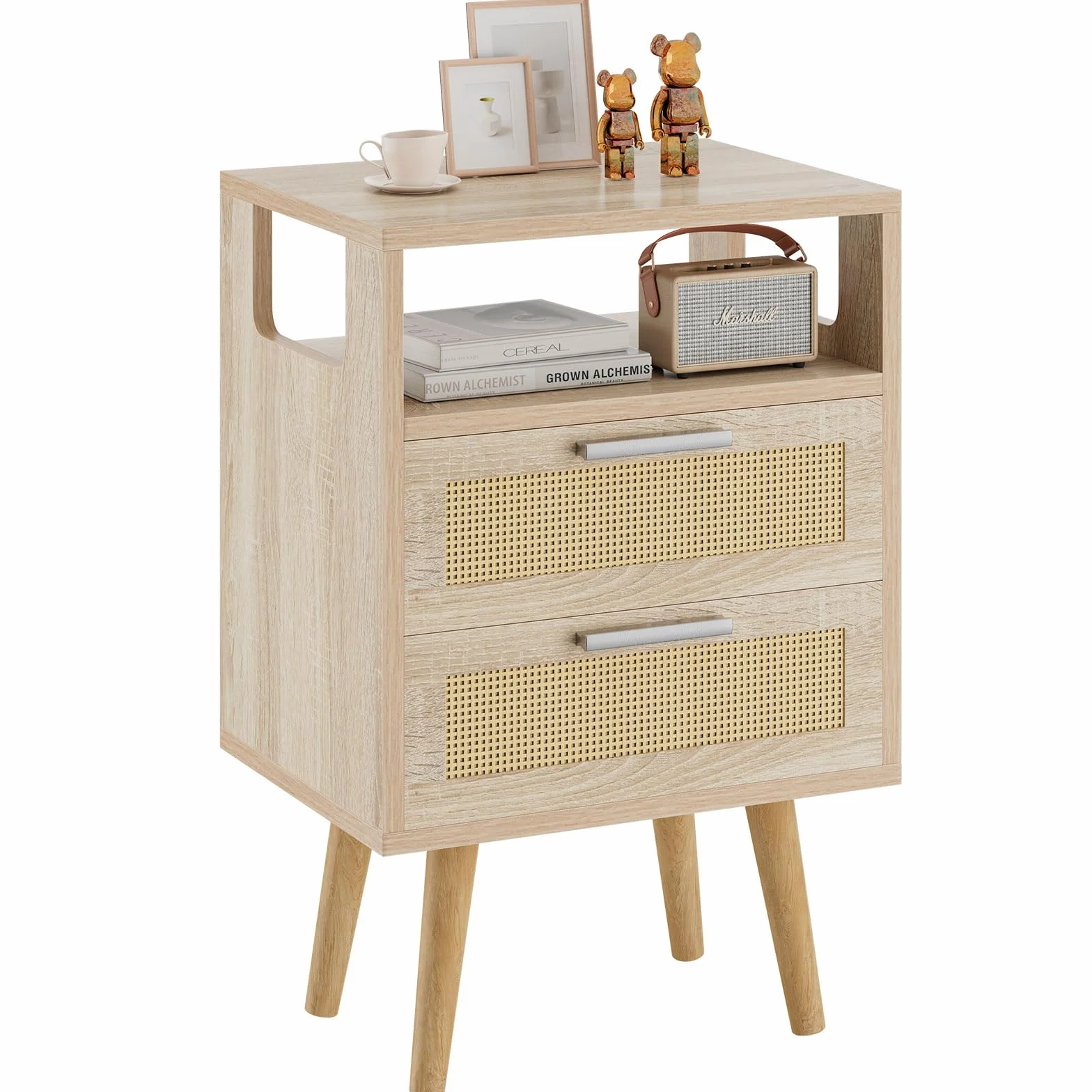 YMYNY Mesita de Noche de Ratán, Mesa Auxiliar, Mesa de café, Mesilla de Noche con 2 Cajónes, Comoda Boho, Piernas de Madera Maciza, 39x29x59 cm, para Dormitorio, Oficina, Salón, Natural HST015N