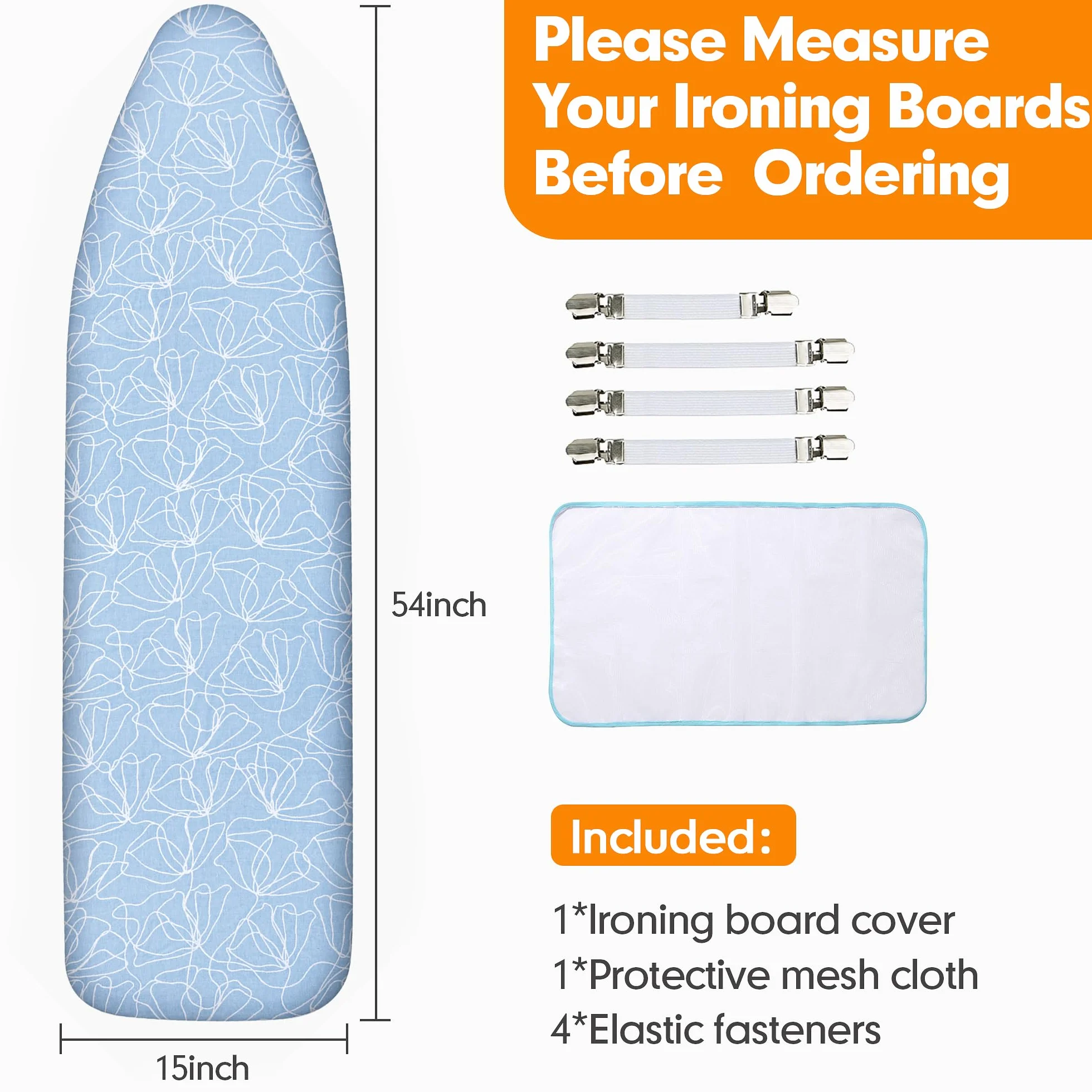 Dalykate Funda para tabla de planchar de 15 x 54 pulgadas con borde elástico y resistente a las quemaduras y a las manchas, acolchado grueso, 4 cierres y paño protector de malla