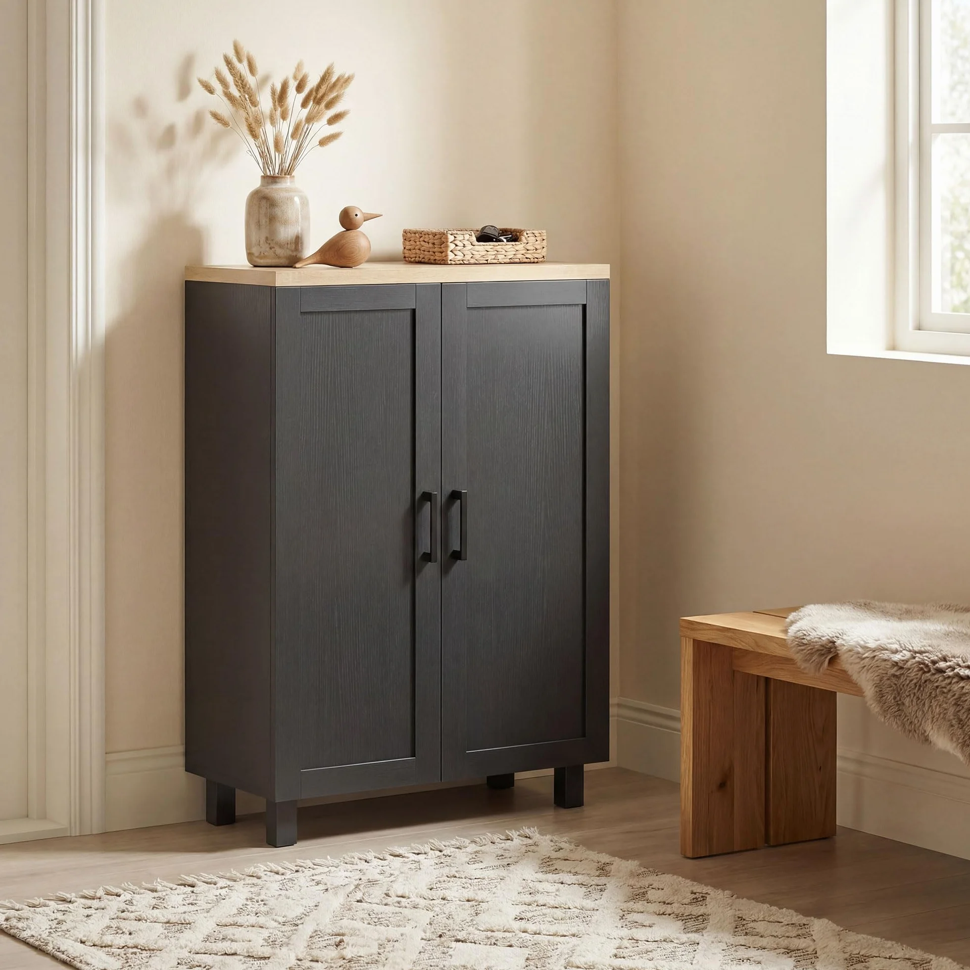 HOMCOM Aparador de 2 Puertas, Armario Estrecho con Estante Ajustable, 60x30x90 cm, Negro
