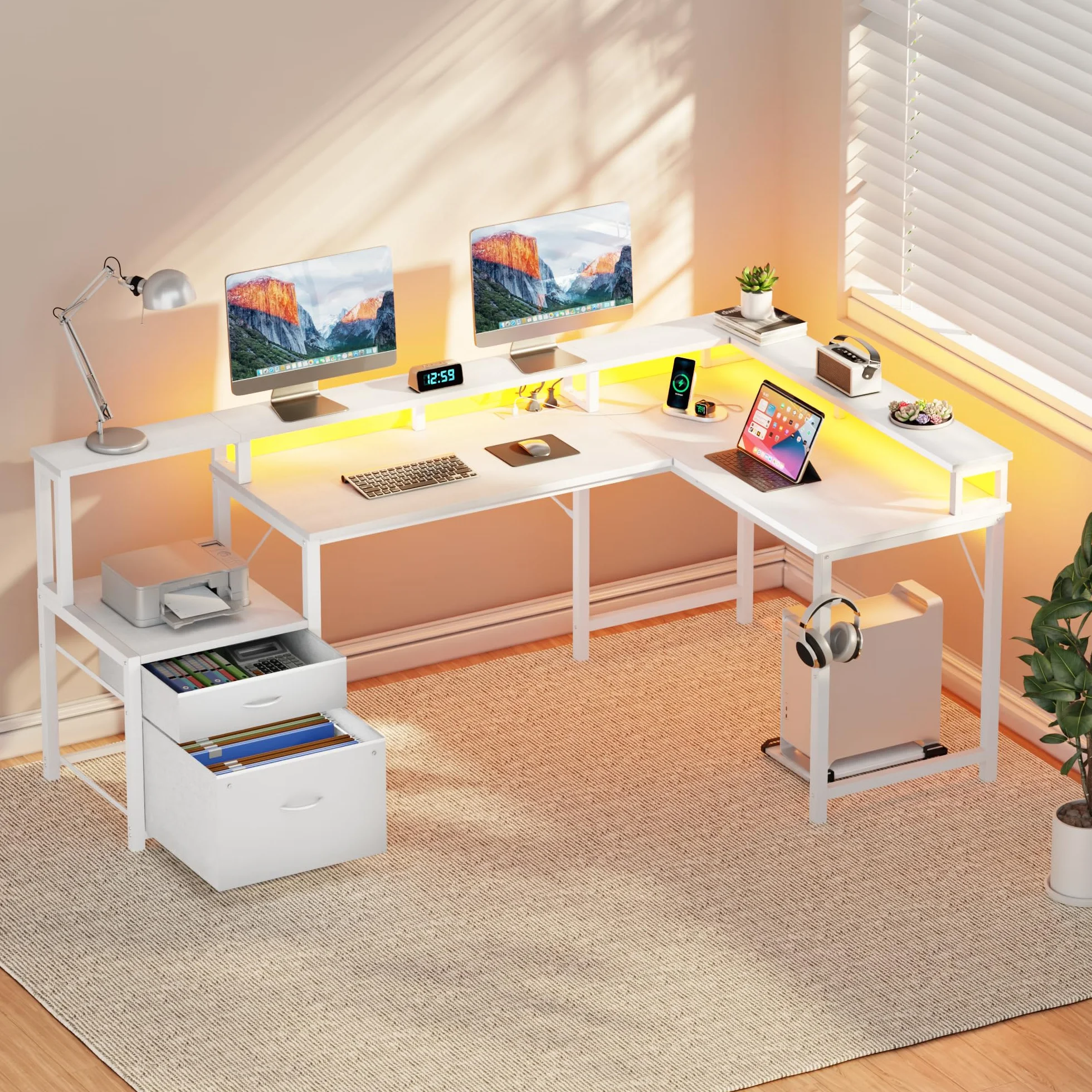 YOUDENOVA Escritorio esquinero con cajones, forma L, 168 x 100 cm, mesa para videojuegos con LED, mesa de ordenador con enchufe y puerto de carga USB, mesa de oficina, color blanco