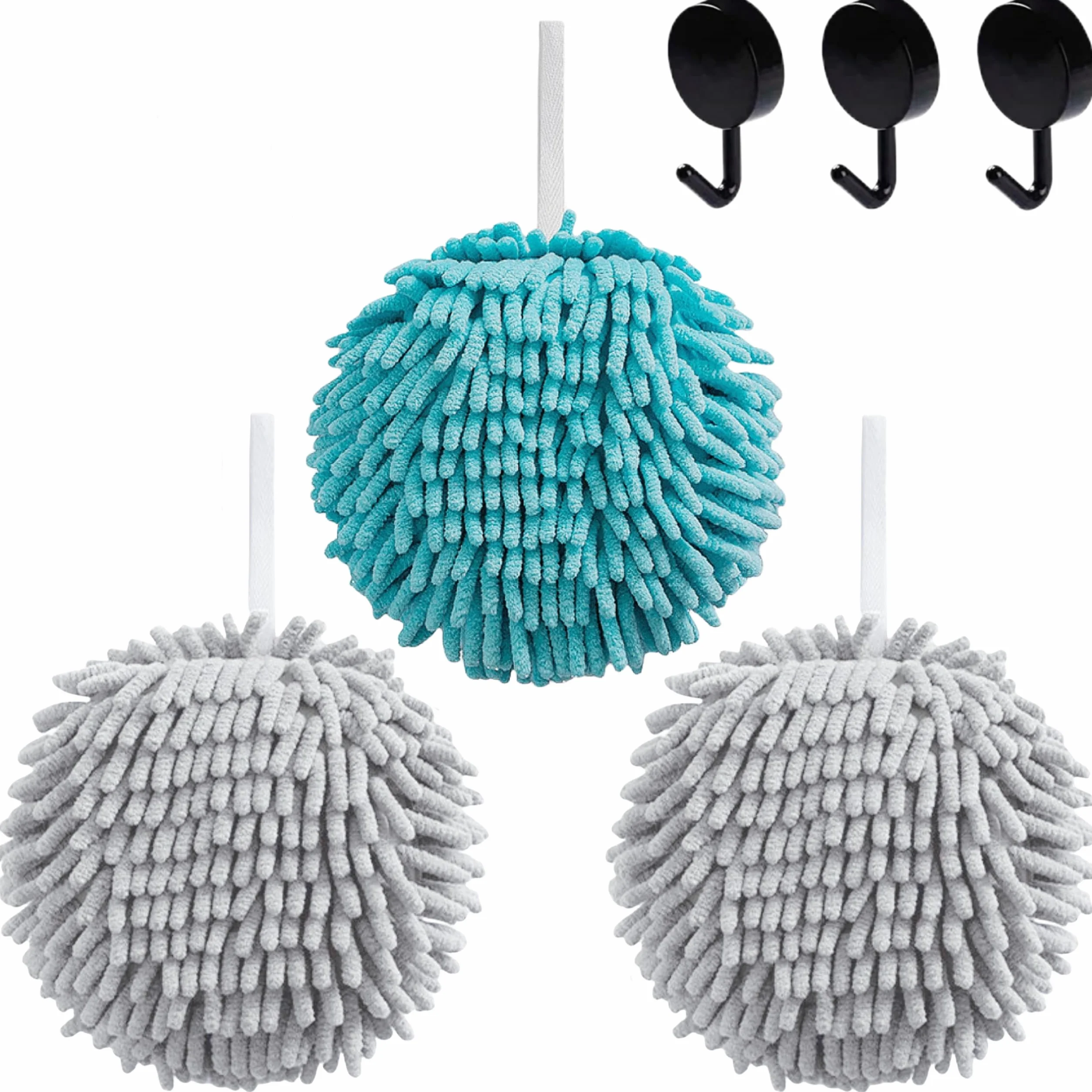 Juego de 3 toallas de mano de felpilla mullida, suaves, absorbentes, de secado rápido, para baño y cocina con 3 ganchos (2 grises + 1 azul)
