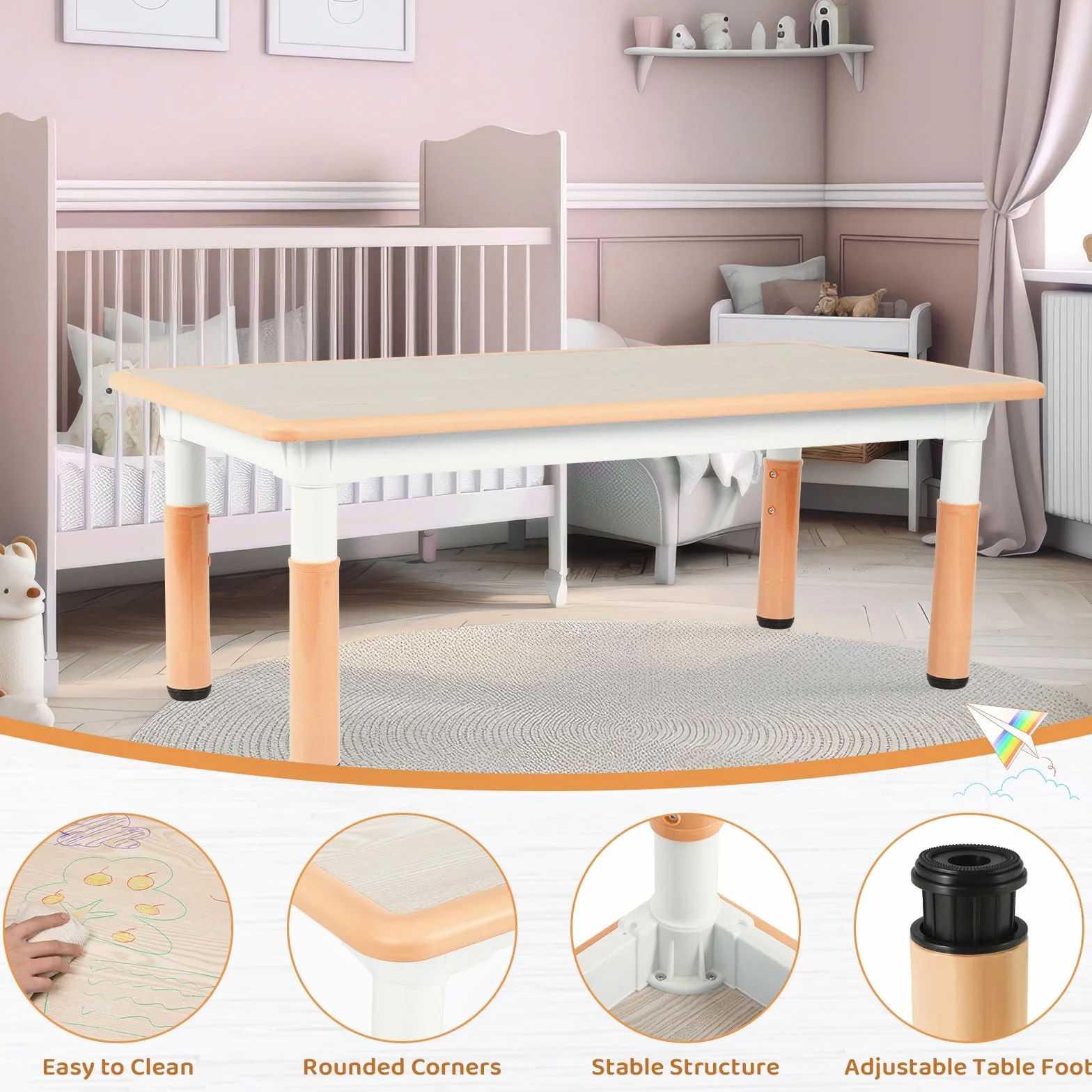 Clevich Mesa Infantil con 6 sillas, Juego de sillas para guarderías y Habitaciones Infantiles, Altura Regulable, Muebles Infantiles de plástico, Grupo de Asientos para niños y niñas, Amarillo
