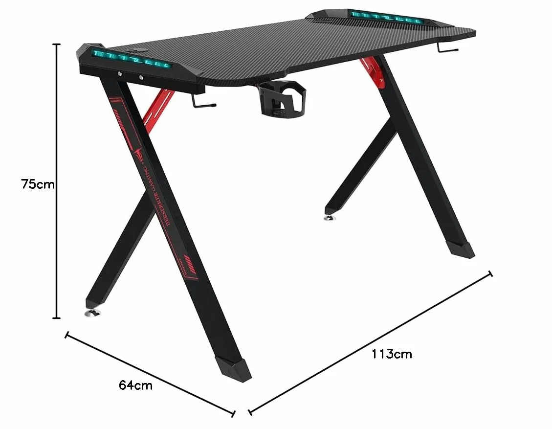 Mesa Gamer con LED, 113 x 60 x 75 cm, Superficie Resistente, Gestión de Cables, Negro