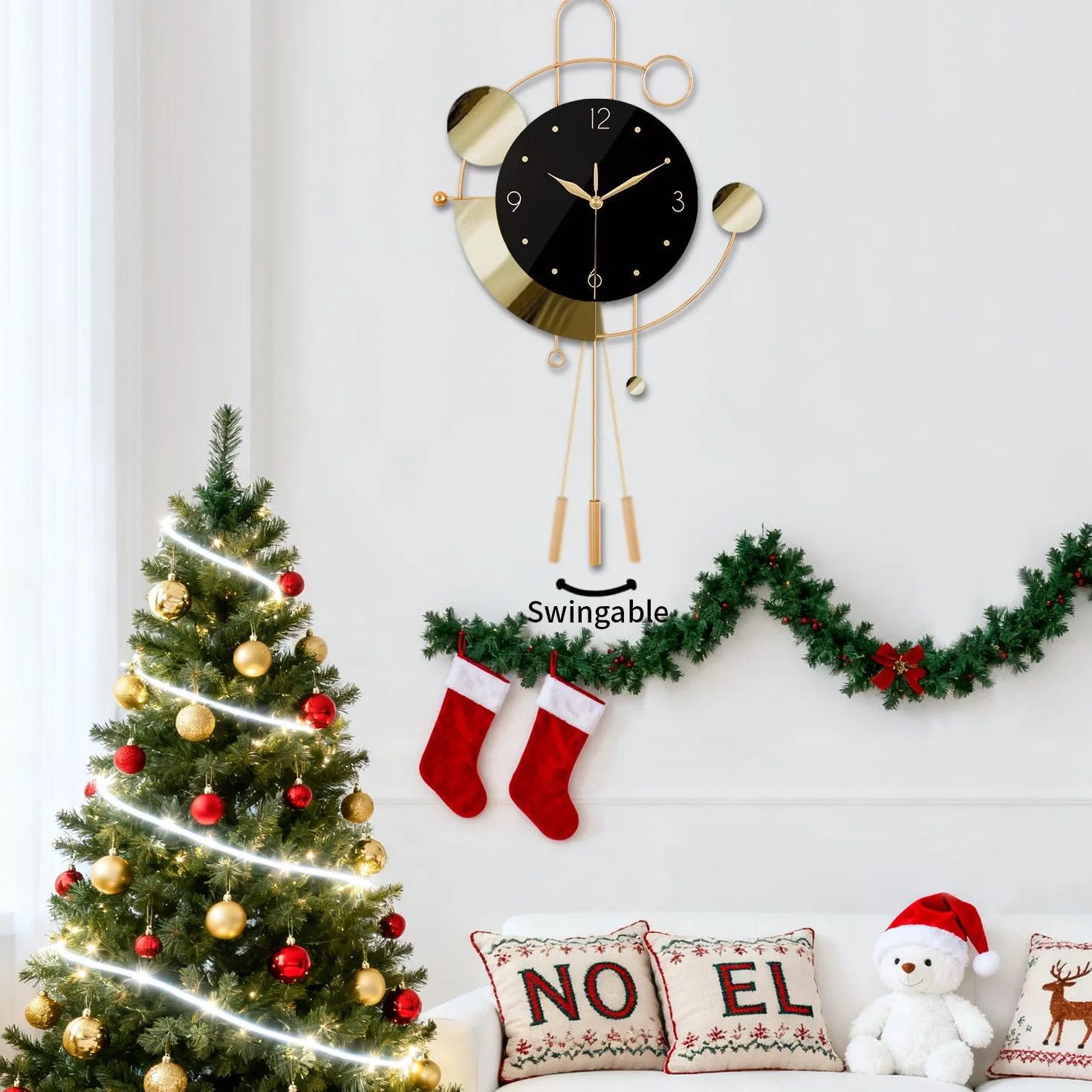 Reloj de pared con péndulo, silencioso, sin tictac, funciona con pilas, modernos relojes de pared grandes para sala de estar, dormitorio, granja, oficina, cocina, decoración de pared para el hogar