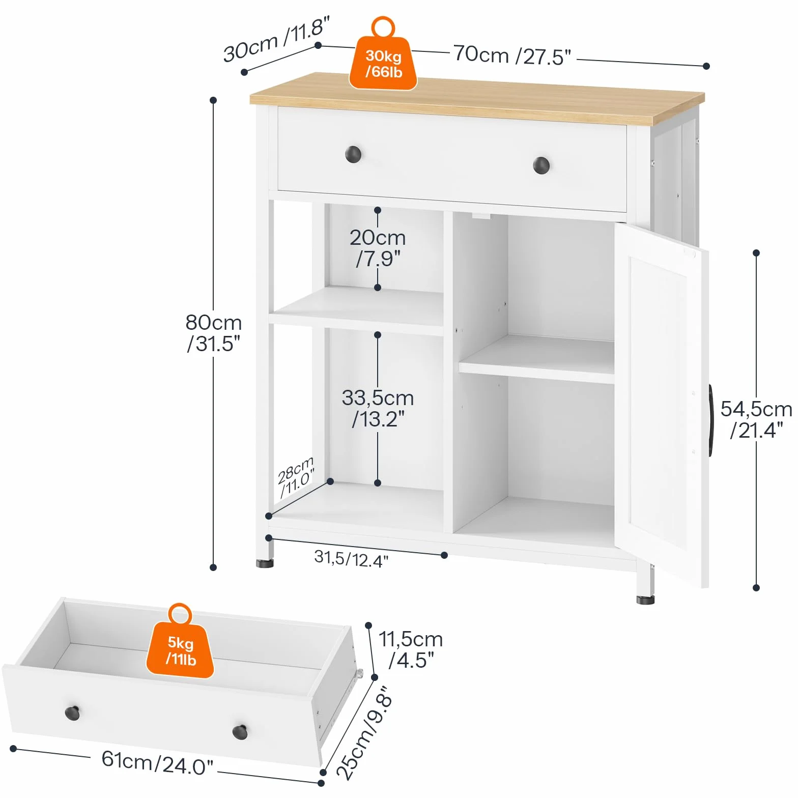 HOOBRO Aparador con 1 Cajón y Estante Ajustable, Armario de Cocina, Mueble Auxiliar Buffet, Gabinete de Almacenamiento, Mesa de Café, para Cocina, Comedor, Sala de Estar, Blanco y Natural EWN70CB01