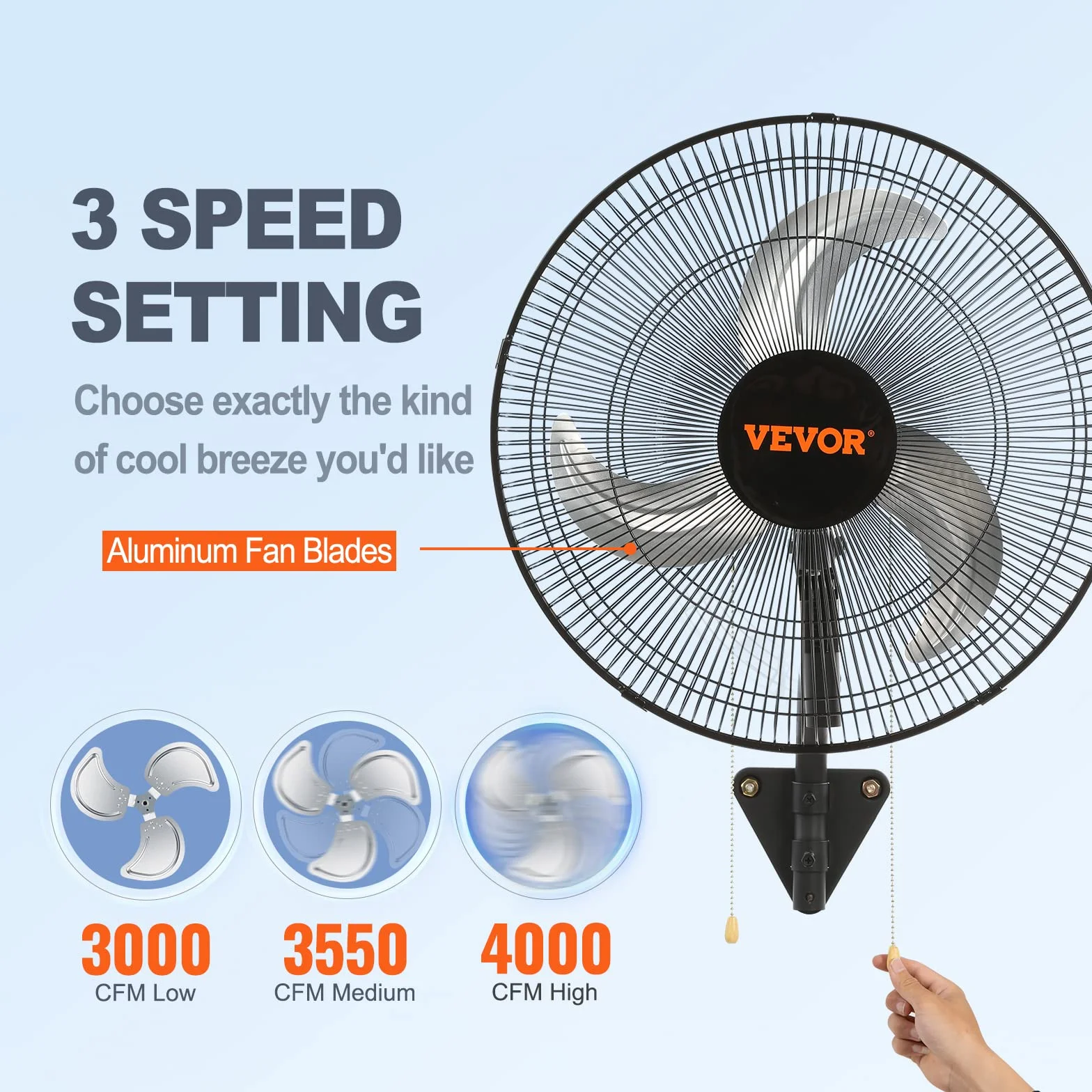 VEVOR Ventilador de Montaje en Pared, 44,45 cm, 3 Velocidades de Alta Velocidad Máx. Ventilador de Pared Industrial Oscilante de 4000 CFM, Comercial o Residencial para Almacén, Invernadero, Negro