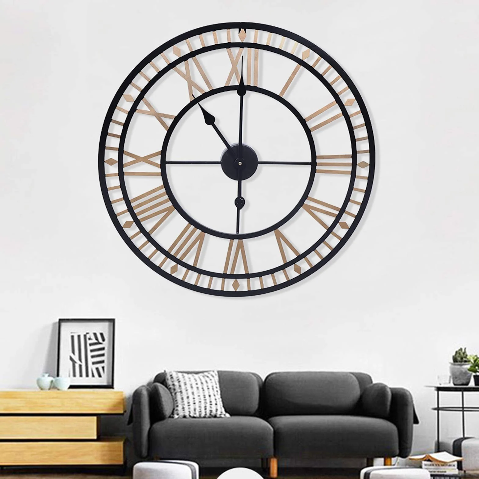Futchoy Reloj de pared vintage de 60 cm de diámetro, reloj analógico con números romanos, estilo industrial europeo, para reloj de cocina, dormitorio, salón, dorado