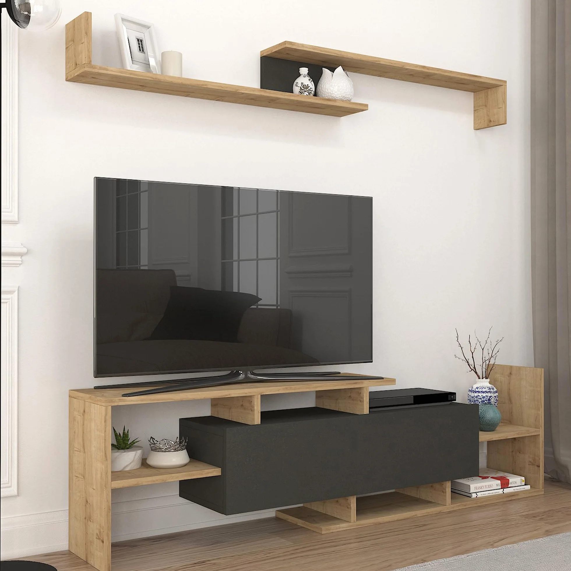 [en.casa] Juego de Muebles de Salón Liksefte Mesa para Televisor con Múltiples Compartimentos Estantes y 1 Puerta Mueble TV con Estantería de Pared Aglomerado 154x28x42cm - Efecto Roble Zafiro/Negro
