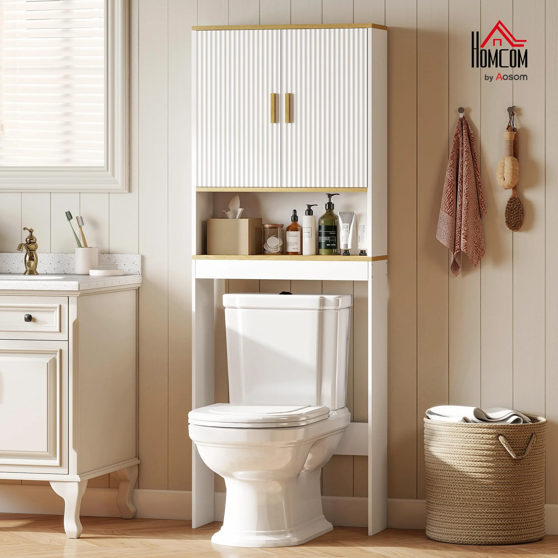 HOMCOM Estantería para Baño sobre Inodoro, Mueble Organizador de Baño de 3 Niveles con Estante Abierto, 2 Puertas y Estante Ajustable, 64x20x170,5 cm, Blanco