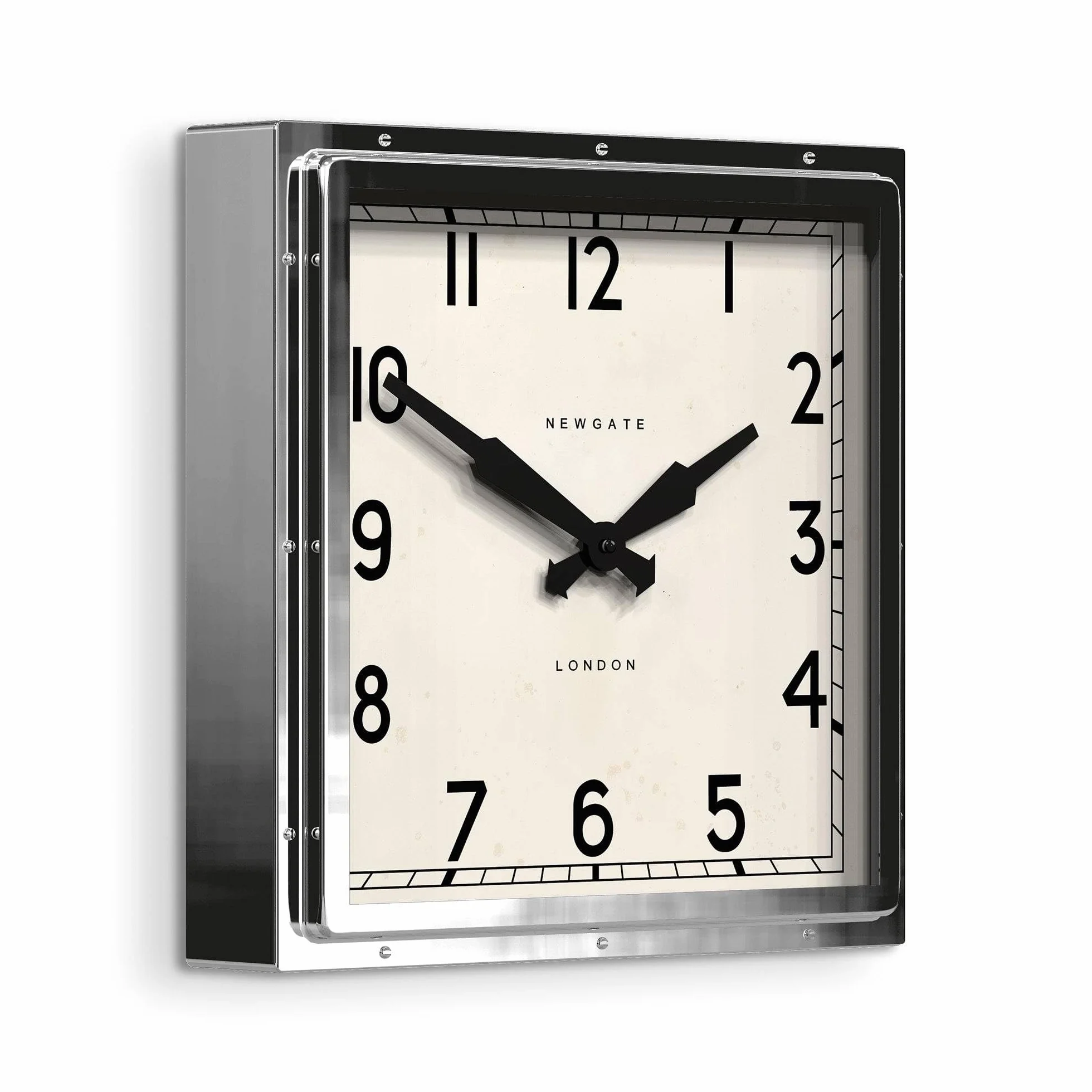 NEWGATE® Quad Reloj de Pared | Diseño de Acero Inoxidable Pulido Cuadrado Grande | 40cm | Reloj Industrial icónico de Estilo Mediados de Siglo para Cocina, salón u Oficina